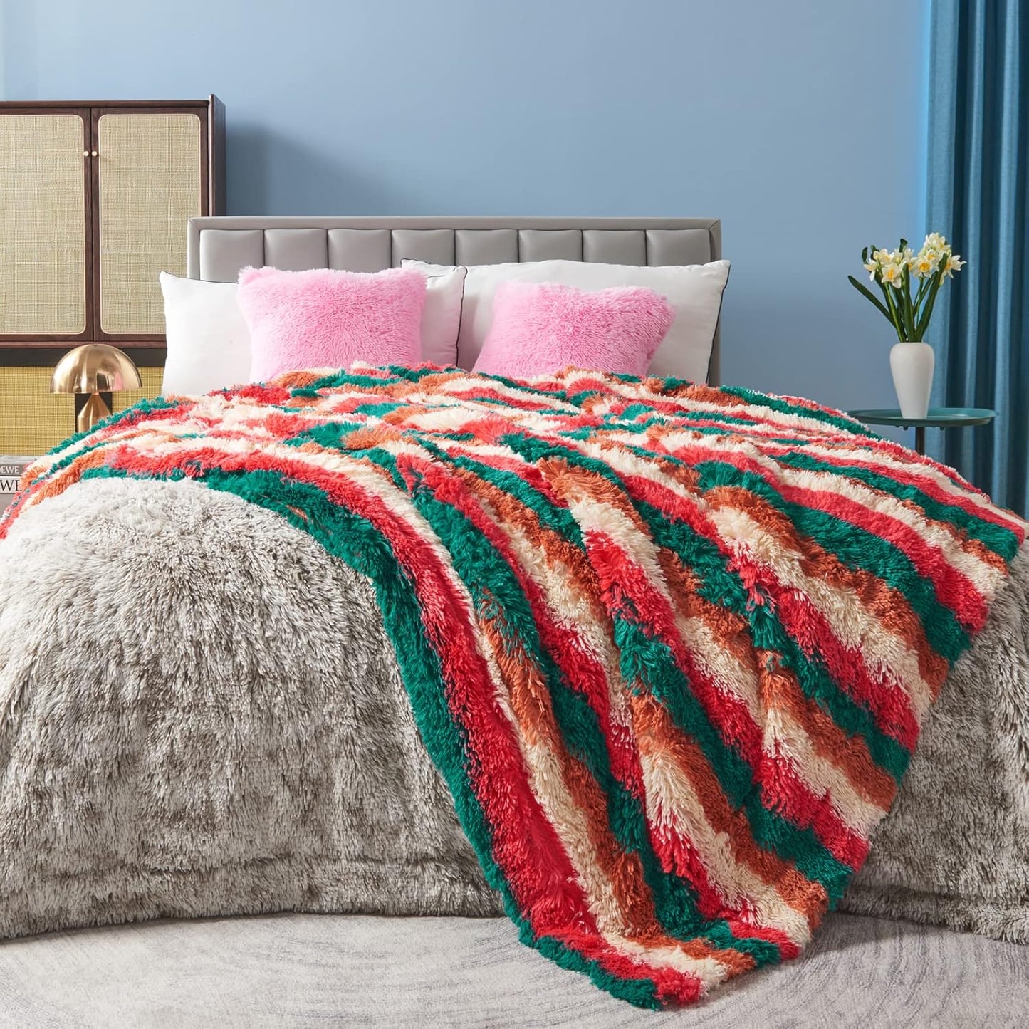 GONAAP Fuzzy Faux Fur Throw Blanket Stripe Red Brown Super Soft Cozy Plush Fuzzy Shaggy Blanket for Couch Sofa Bed (Stripe Red Brown, Throw(50"x60"))