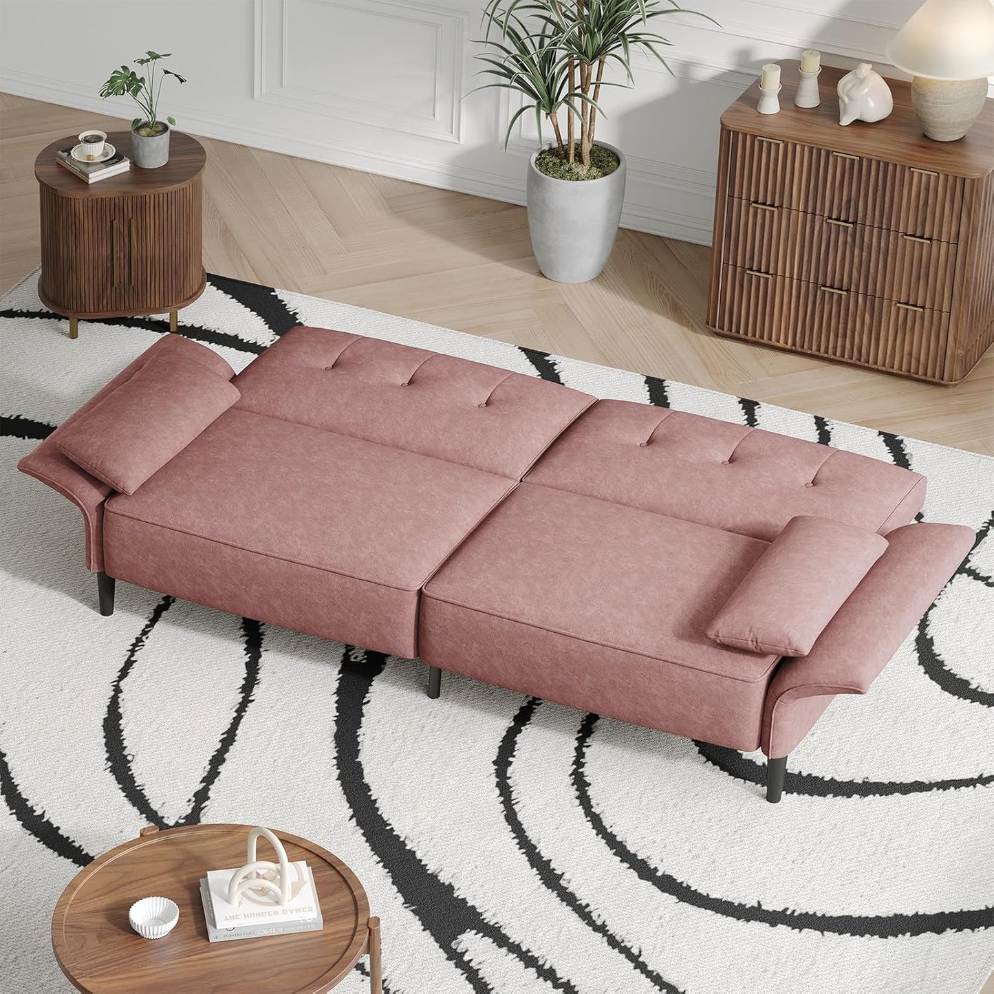 89” Futon Sofa Bed, Velvet Fabric Futon Couch Bed with 2 Square Pillows, Convertible Sleeper Sofa with Adjustable Backrest& Armrests, Modern Loveseat Sleeper for Living Room, Bedroom, Pink