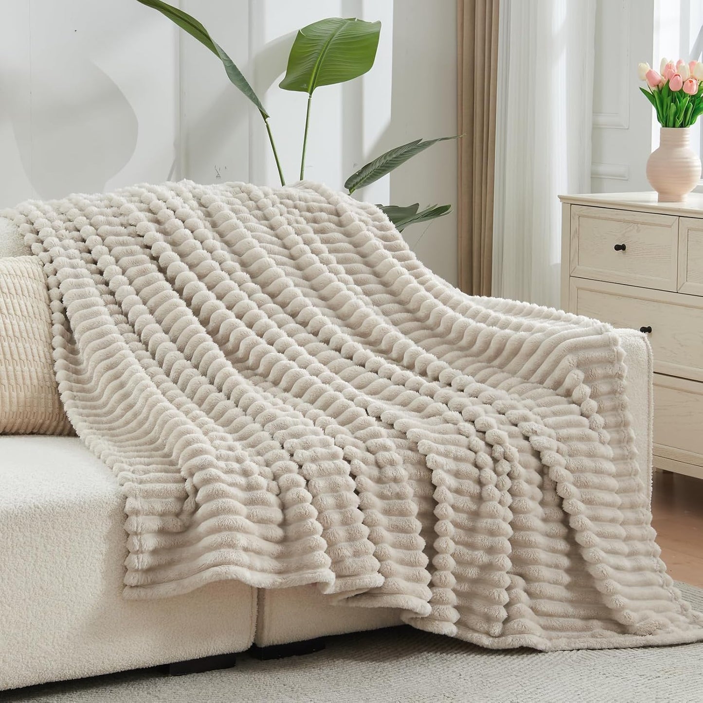 NEWCOSPLAY Super Soft Throw Blanket Linen Premium Silky Flannel Fleece 3D Ribbed Jacquard Lightweight Bed Blanket All Season Use (Linen Ribbed, Throw(50"x60"))