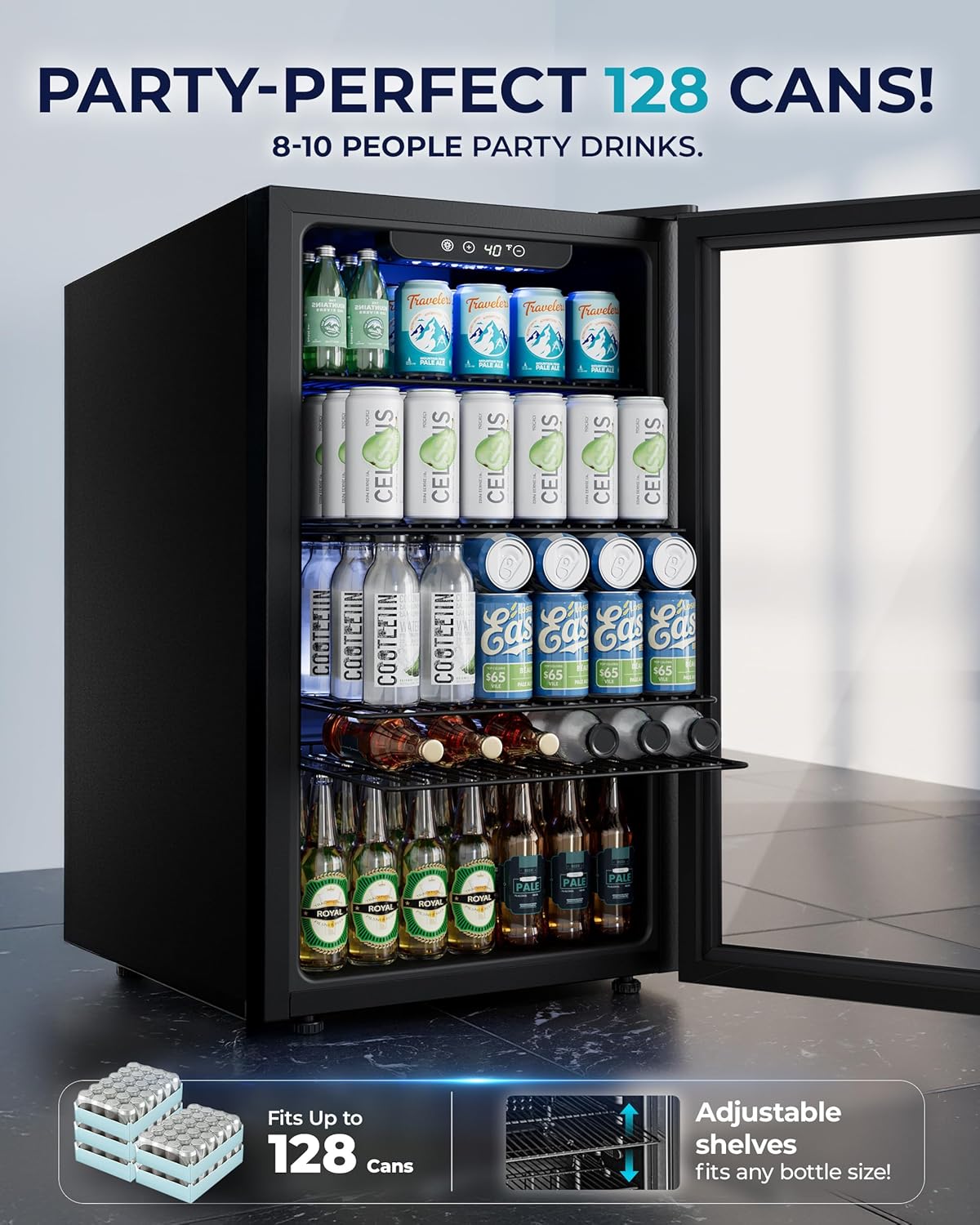 EUHOMY Beverage Refrigerator and Cooler, 128 Can Mini fridge with Glass Door, Small Refrigerator with Adjustable Shelves for Soda Beer or Wine, Home/Bar/Office, Black