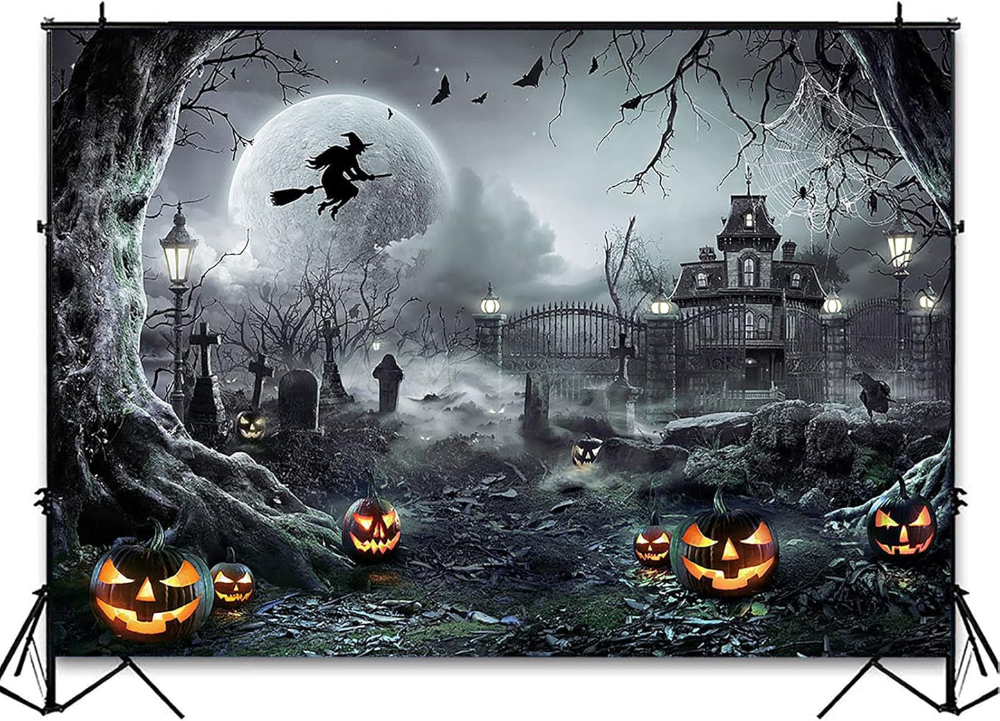 Avezano Halloween Photography Backdrop Full Moon Scary Night Castle Pumpkins Party Background Spooky Witch Bats Cemetery Child Kids Halloween Party Decorations Photoshoot Backdrops (7x5ft, Gray)
