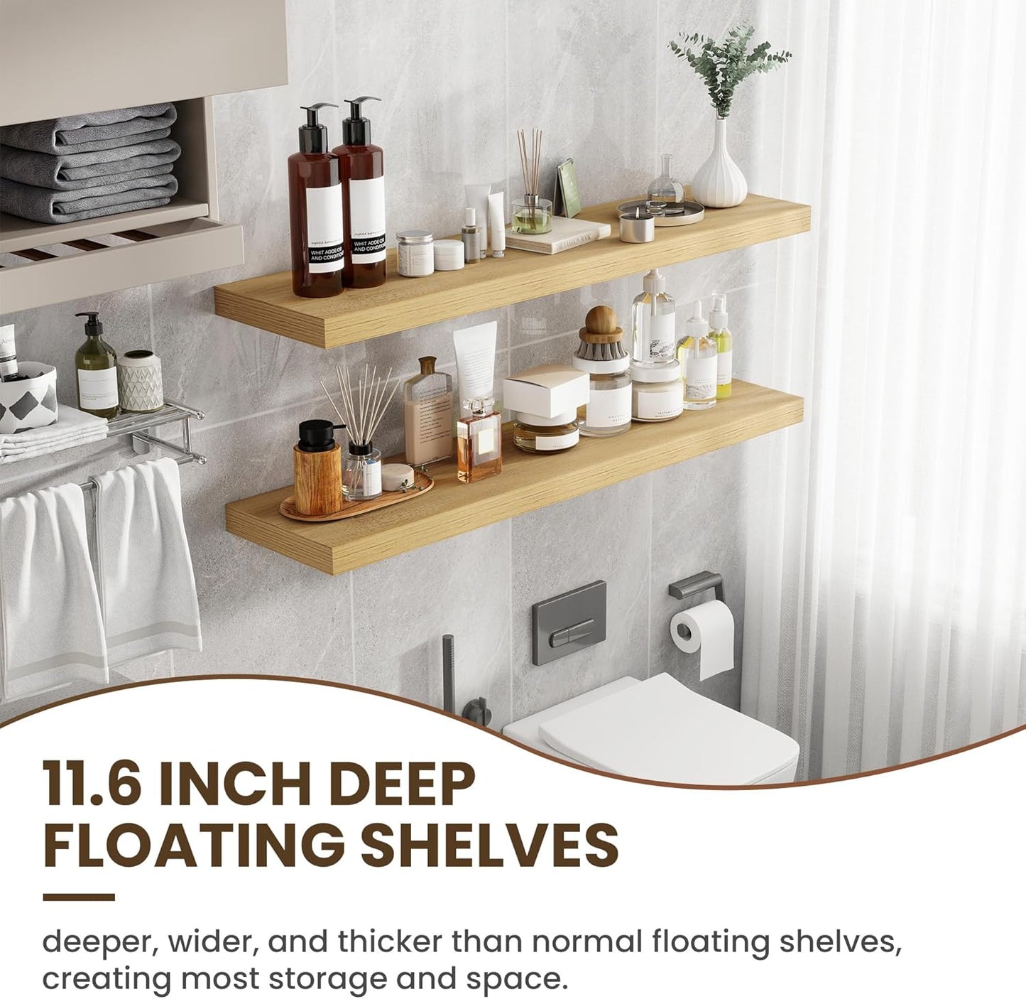 48 Inch Floating Shelves, 11.6 Inch Deep Floating Shelves for Wall, Floating Shelf with Invisible Brackets, Deep Shelves for Bathroom, Bedroom, Living Room, 1 Pack, Natural