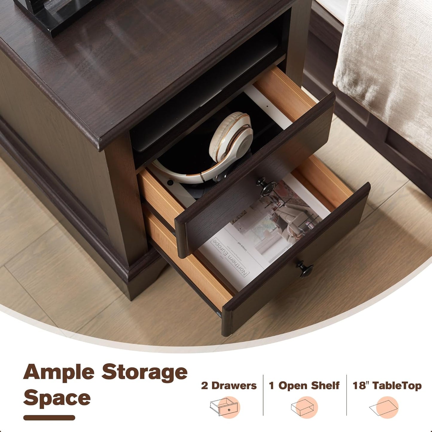 T4TREAM Nightstand with Charging Station, 18 Inch Vintage End Table with 2 Drawers for Living Room, Wood Rustic Sofa Side Table with Open Storage Shelf for Bedroom, Espresso