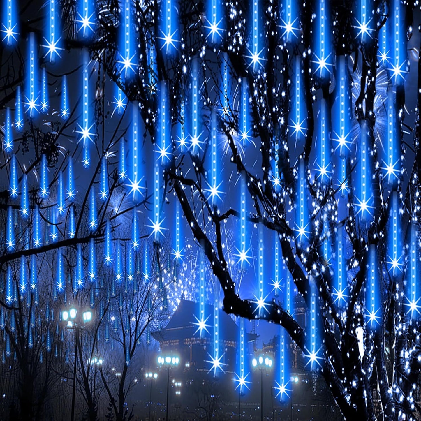 Christmas Lights Outdoor Meteor Shower Lights 24-Tube 576LEDs Snow Falling Rain Cascading Icicle Light for Xmas Tree Christmas Decorations Wedding Party Holiday Garden Decor, UL Plug Blue