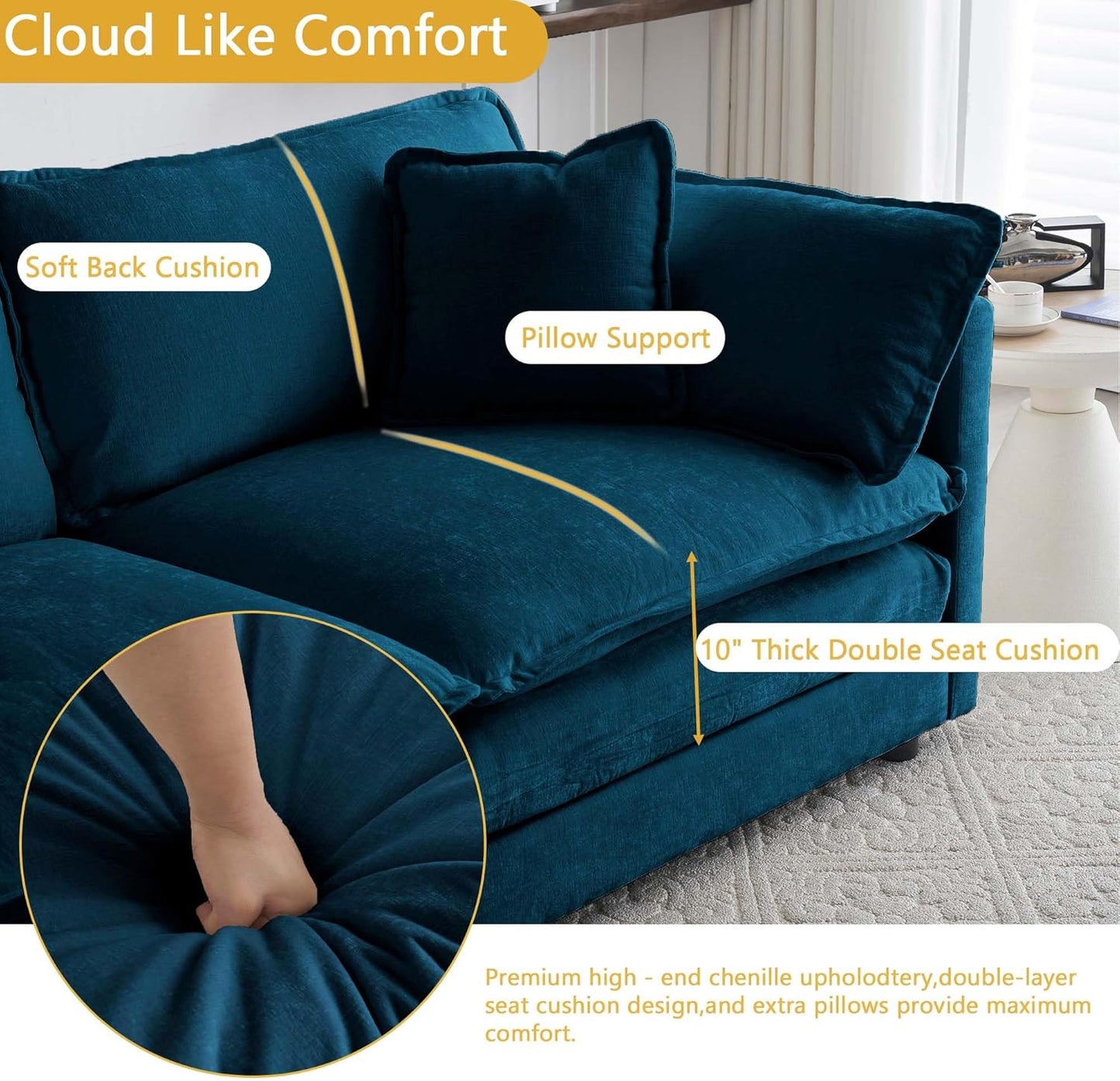 Sectional Sofa 3 Seater with Movable 2 Ottomans,Oversized Modular Couch Deep Seat (Blue, 111.5 inch-U)