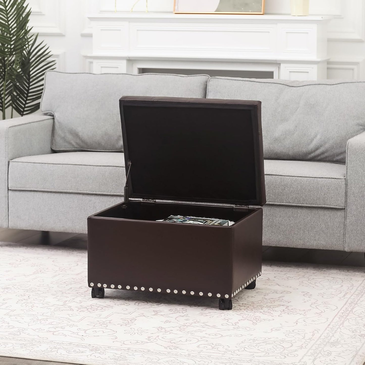 Joveco Leather Storage Ottoman with 360° Wheels 24" Rolling Foot Rest Bench Rectangle Ottomans Stool for Living Room Bedroom (Brown, Wheels)