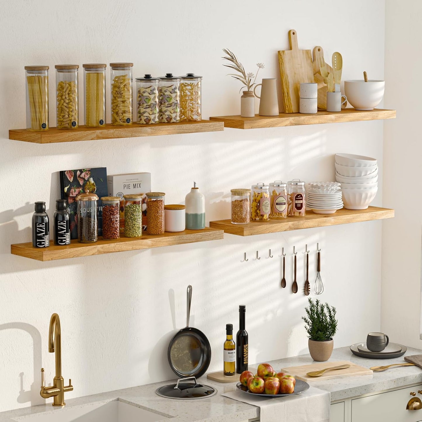 Fun Memories Solid Elm Wood Floating Shelves, 36 Inch Floating Shelves for Wall, Wall-Mounted Wooden Shelves with Invisible Heavy-Duty Brackets for Books, Bathroom, Kitchen, Natural, 2 Pack