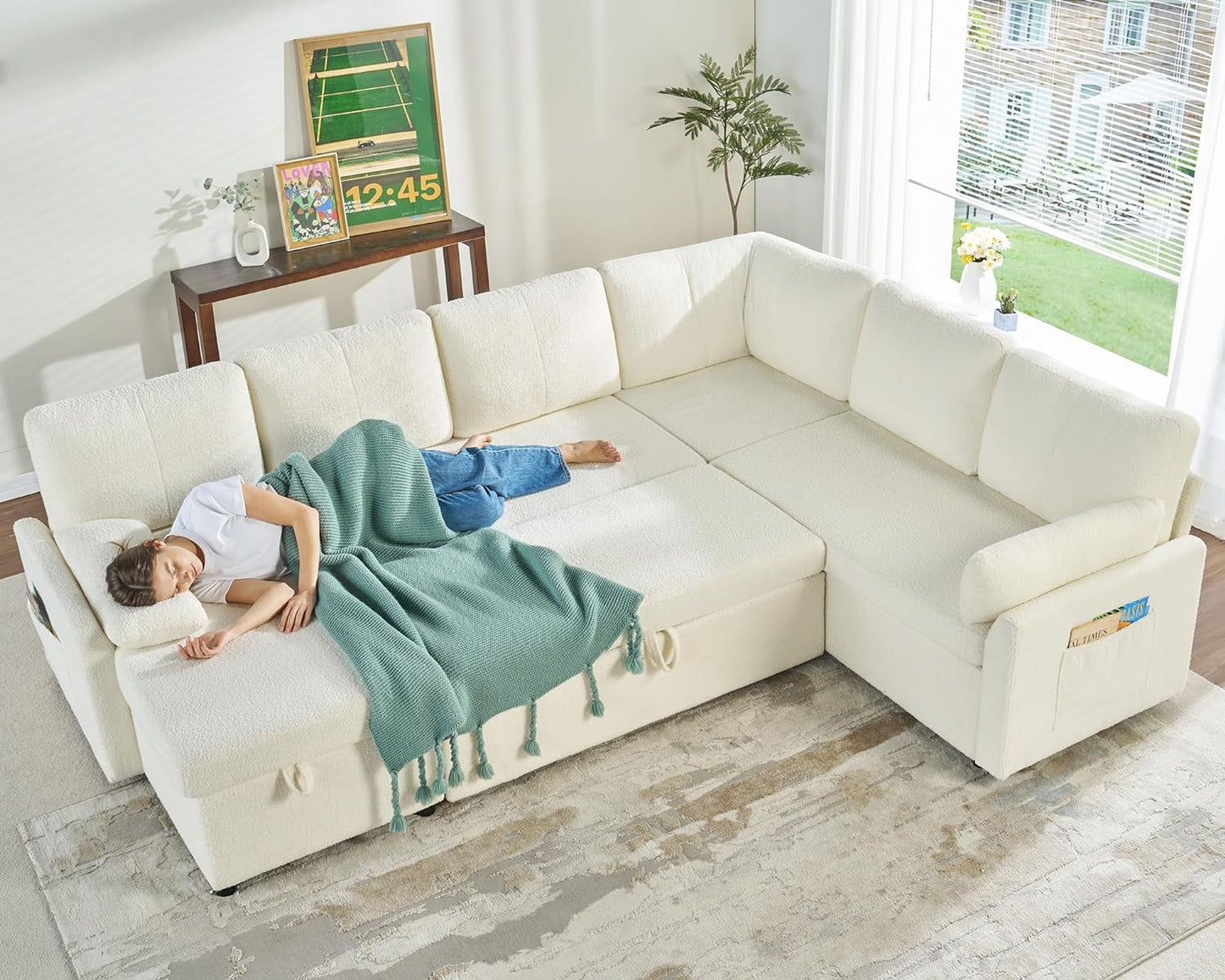 VanAcc Pull Out Sofa, 112 Inch Oversized U Shape Sleeper Sofa Couch with Storage Chaise & 3 Seater, Comfy Couch with Pull Out Bed for Living Room, White Boucle