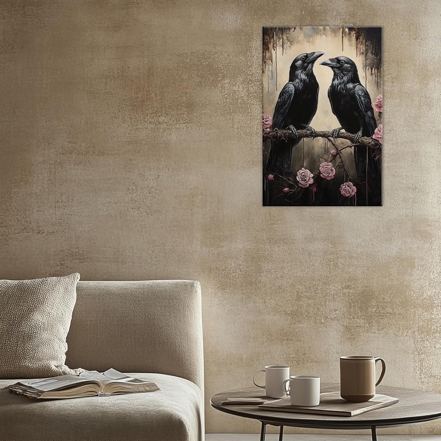 OAAPITI Crow Canvas Wall Art Black Raven Picture Print Pink Rose Poster Vintage Gothic Painting Artwork for Living Room Halloween Decor(Artwork-6,20"x30")