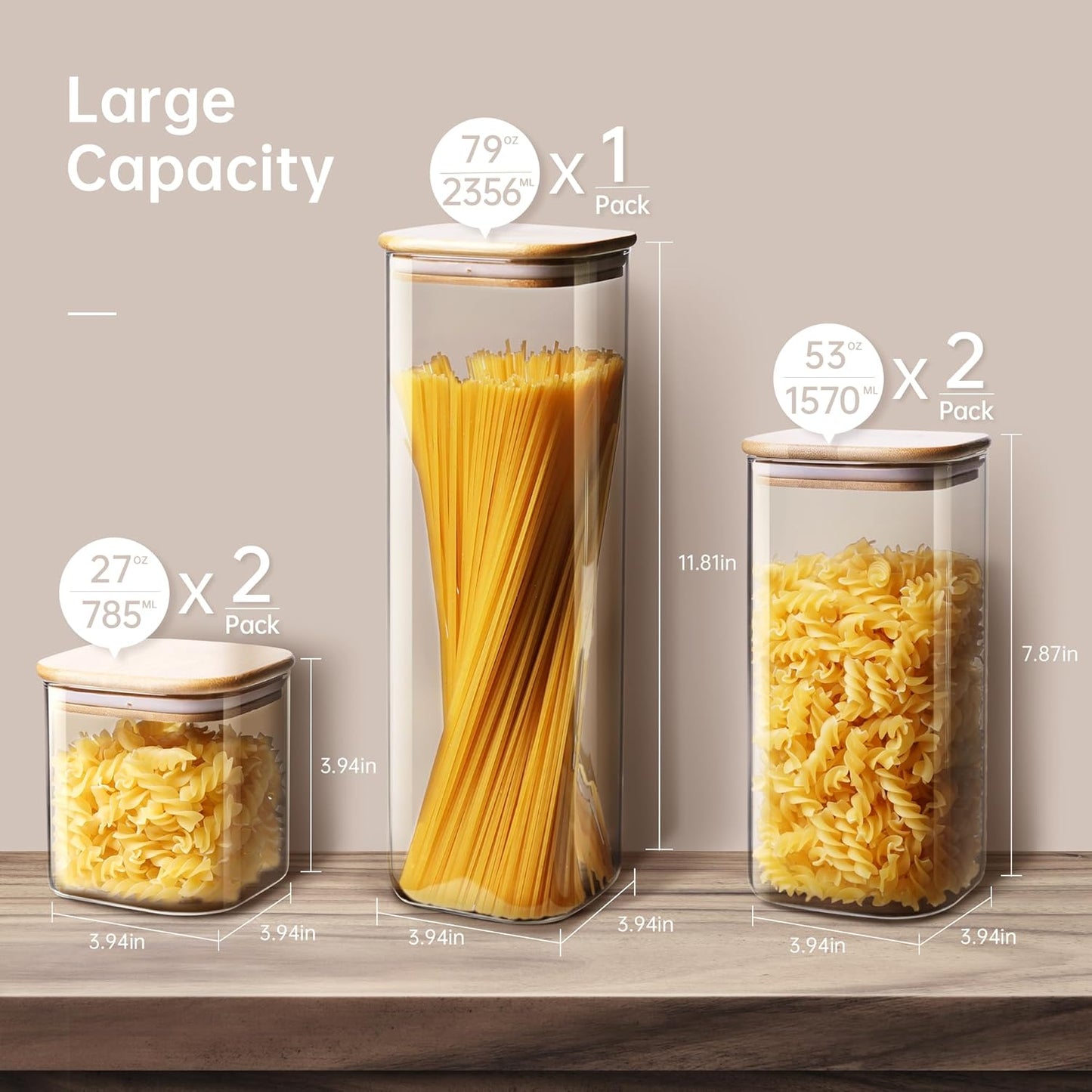 Square Glass Jars with Bamboo Lids [Muti Size Set of 5], Glass Canisters with Airtight Lids, Glass Food Storage Containers for Pasta, Cereal, Flour, Sugar, Best for Kitchen & Pantry
