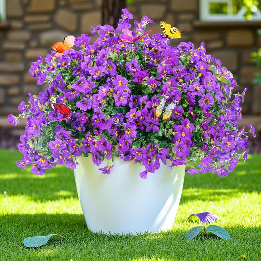 ‌20 Bundles Artificial Flowers for Outdoors‌ with 6 Faux Butterflies, UV Resistant ‌Fake Flowers‌ with Eucalyptus Leaves, ‌Artificial Plants Outdoor‌ for Patio Garden Porch Home Decor (Purple)