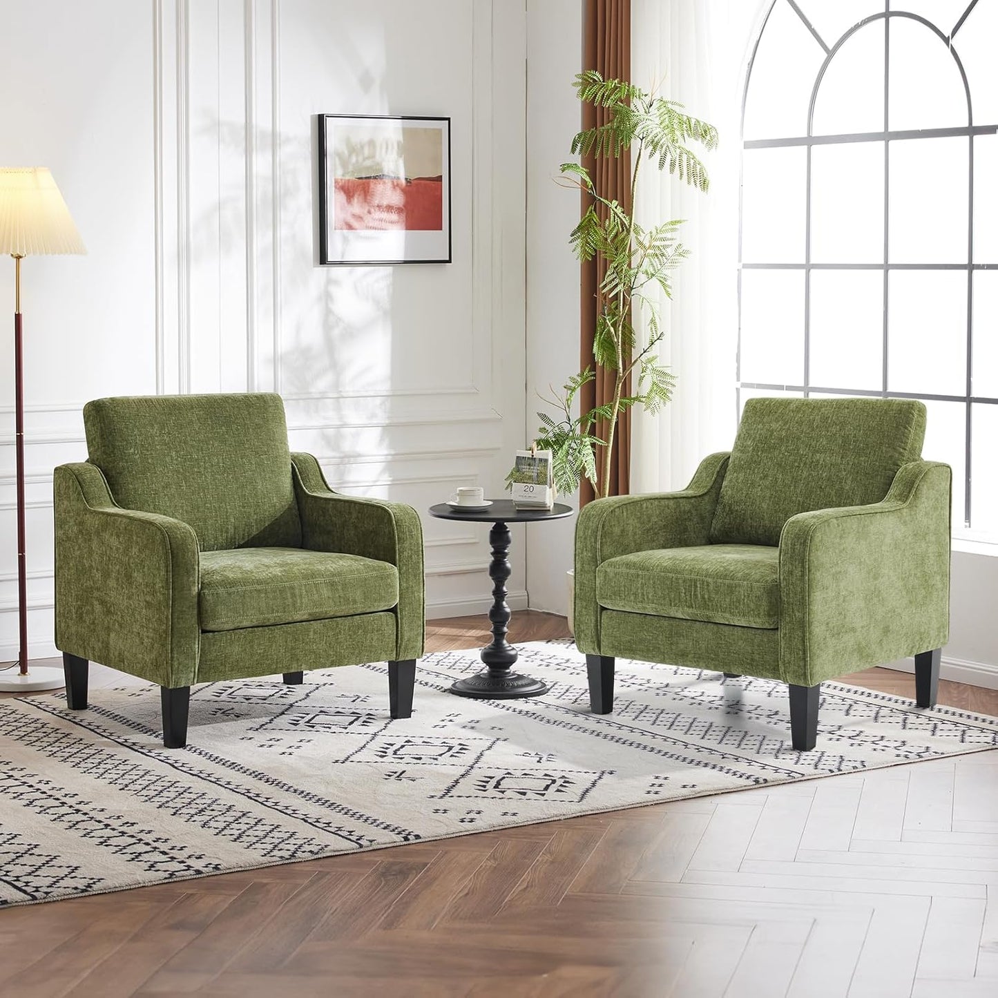 VINGLI Accent Chairs Set of 2 Living Room Chairs Olive Green Reading Chair for Bedroom Scooped Arm Chair Mid Century Modern Accent Chairs Upholstered Comfy Chair for Apartment, Waiting Room