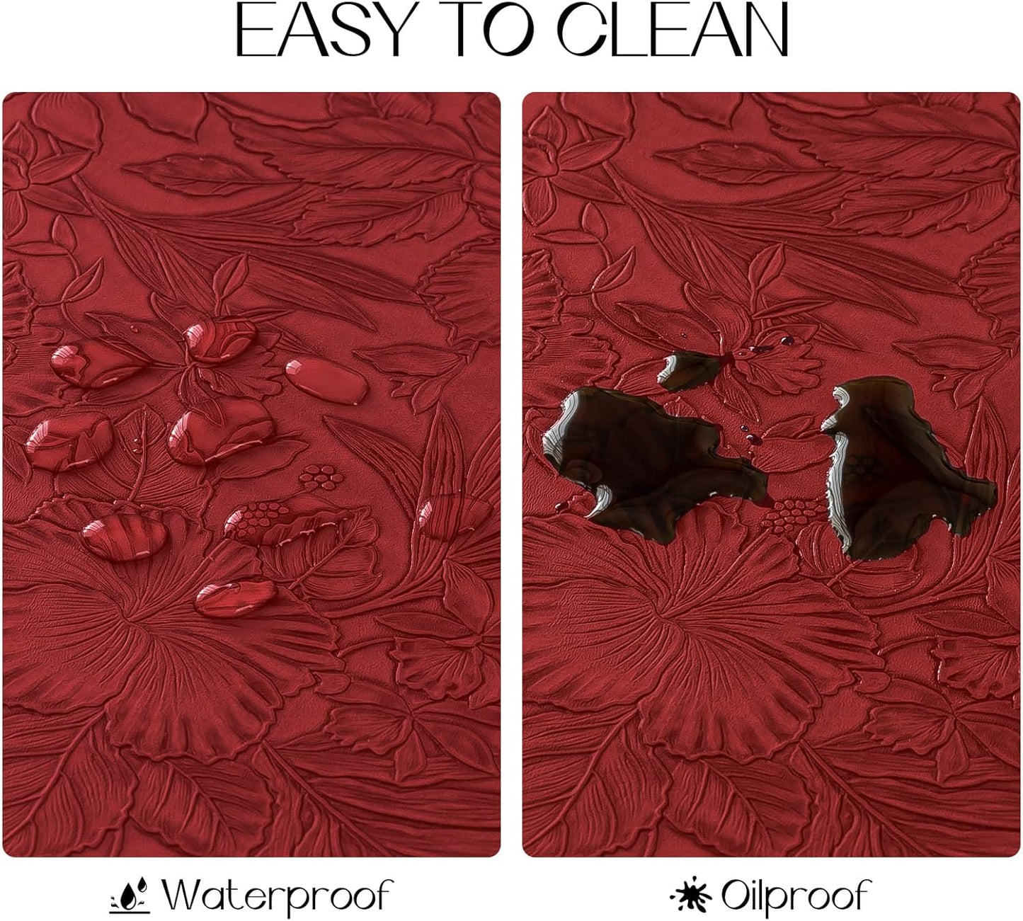 Romanstile Vinyl Placemats Set of 8-12 X 18 Inch - Heat Resistant Non-Slip Embossed Floral Place Mats 100% Waterproof Oilproof Wipeable Faux Leather Table Mats for Kitchen/Dining/Party, Red