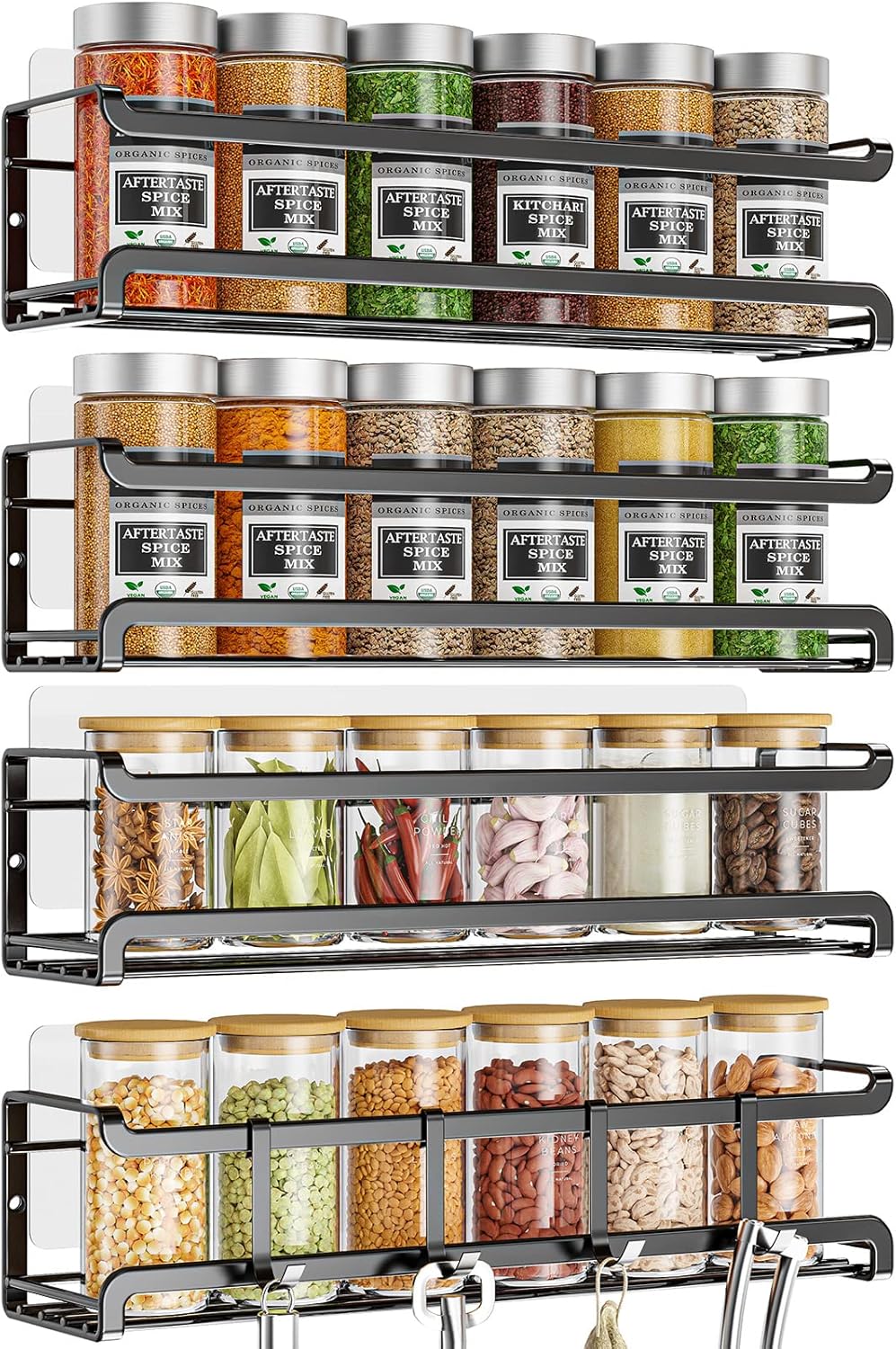 Spice Rack Wall Mounted 4 Pack,Space-Saving Spice Organizer for Spice Jars and Seasonings,Screw or Adhesive Hanging Spice Rack Organizer for Your Kitchen Cabinet,Pantry Door,11.41x2.75x2.75in