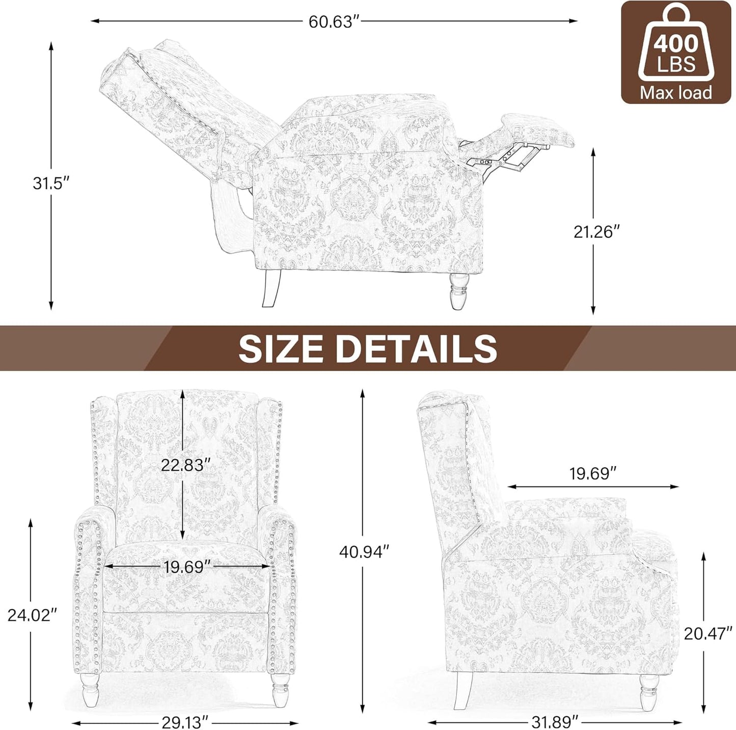 UIXE Recliner Chairs Set of 2, Fabric Upholstered Armchair Pushback Accent Chair for Living Room, Floral Rivet Trim Club Chair Home Theater Single Sofa Bedroom Side Reading Seat - Beige Plants