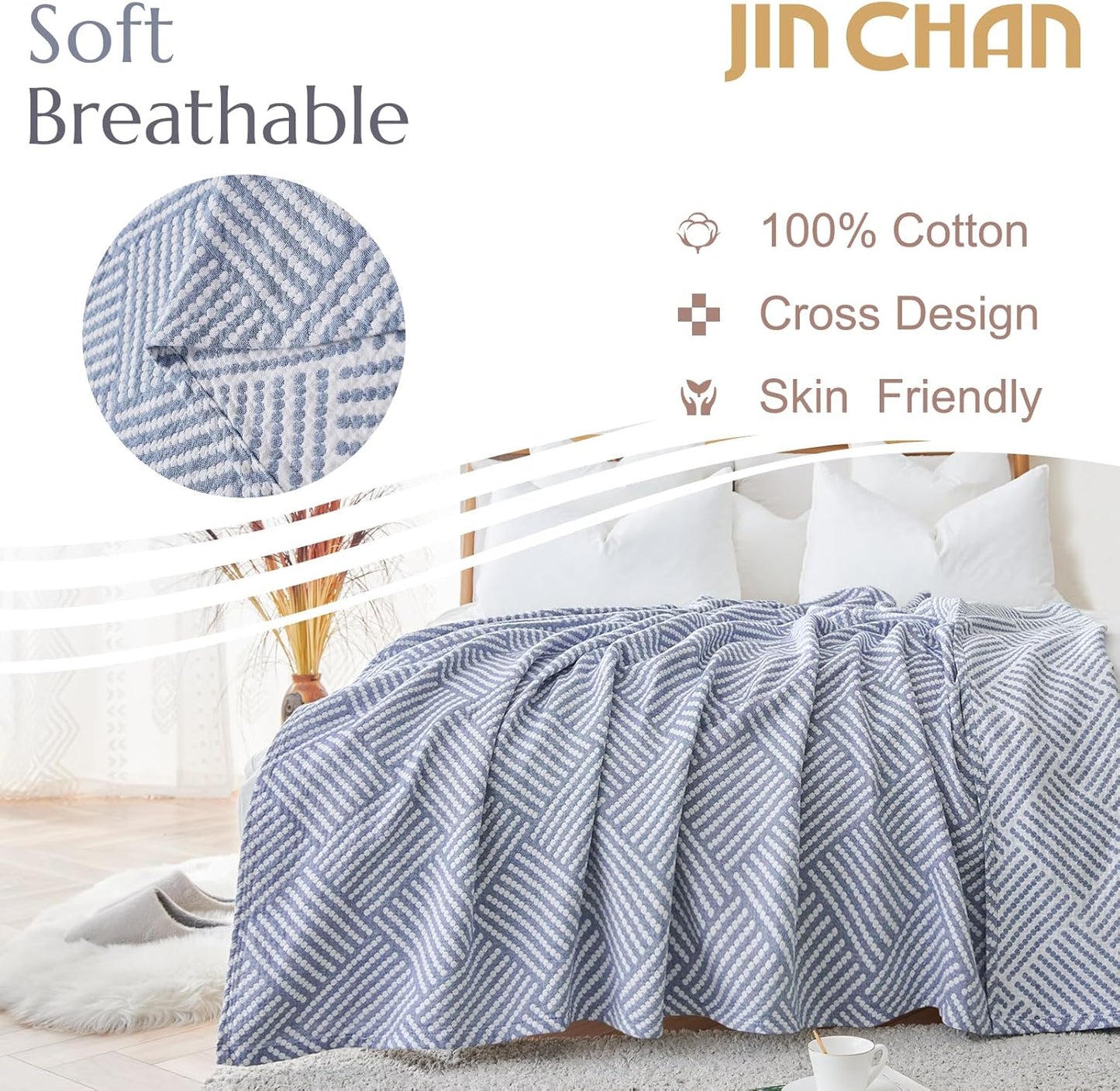 jinchan Boho 100% Cotton Blanket Muslin 50x60 Inches Lightweight 3-Layer Geometric Square Striped Pattern Reversible Quilt Throw Soft Breathable Comfy All Seasons for Couch Bed Decor, Blue