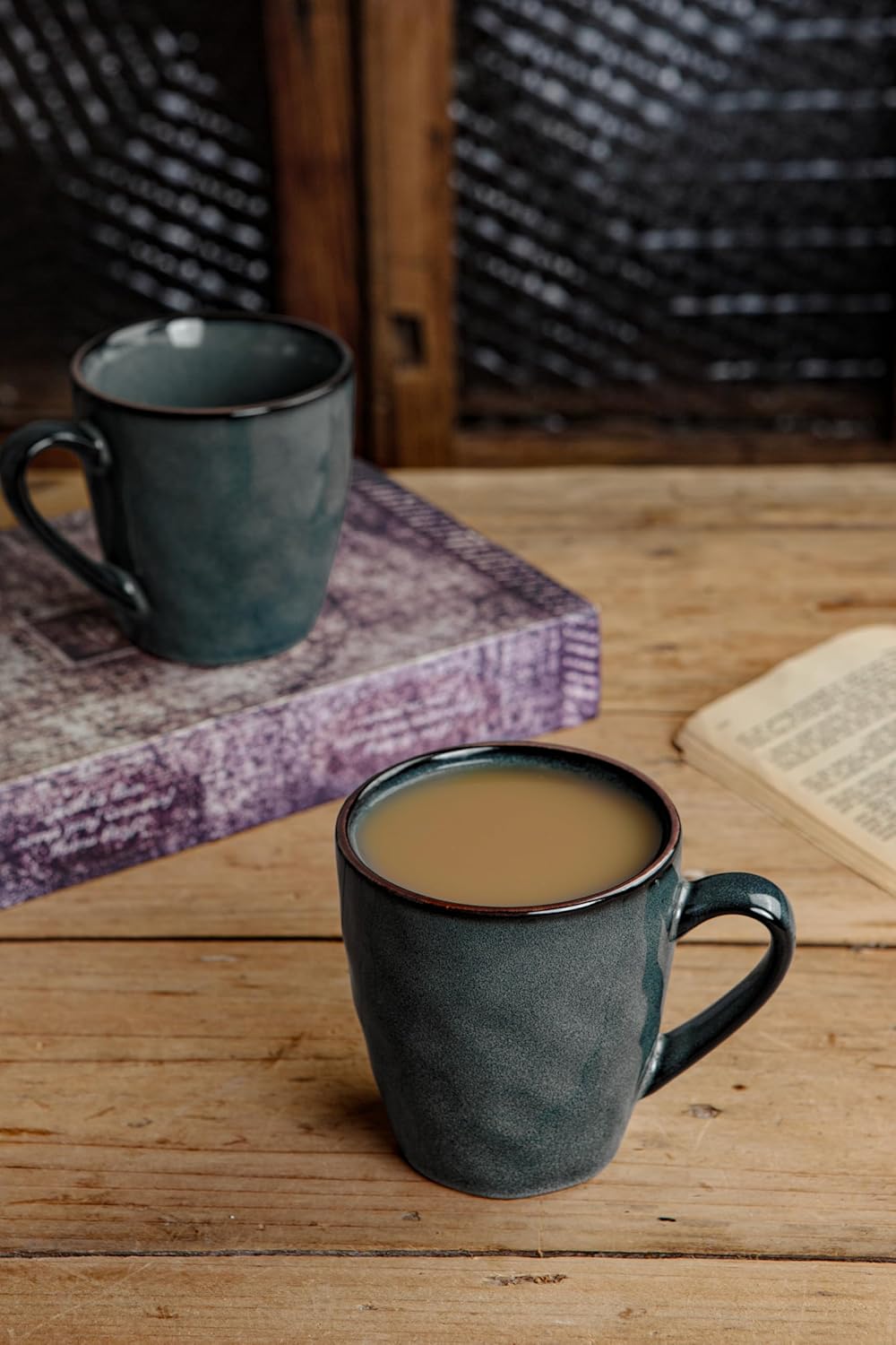 famiware Coffee Mugs Set of 4, Ocean Round 11.5oz Coffee Cup Set with Handle for Cocoa, Milk, Hot Chocolate, Stoneware Cups for Kitchen, Reactive Glaze, Microwave Dishwasher Safe, Deep Forest