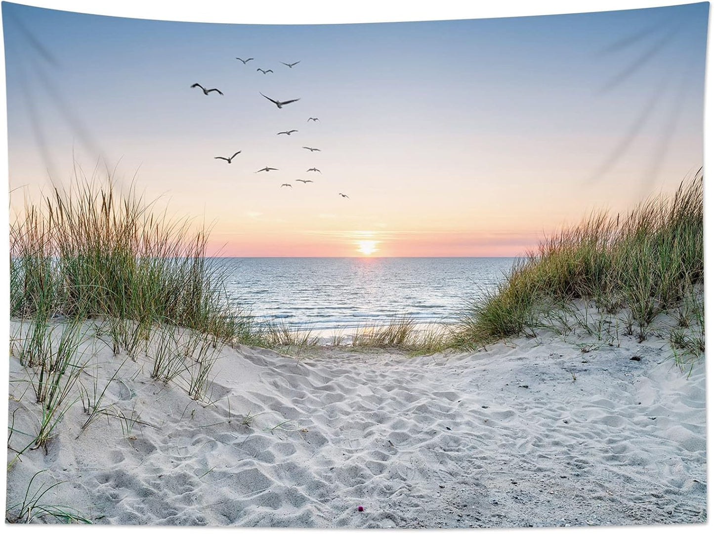 HVEST Ocean Beach Tapestry Wall Hanging, Sunset Seabird and Beach with Grass Wall Hanging Tapestry Natural Landscape Tapestry for Bedroom Living Room Dorm Decoration Wall Decor, 80x60 Inches