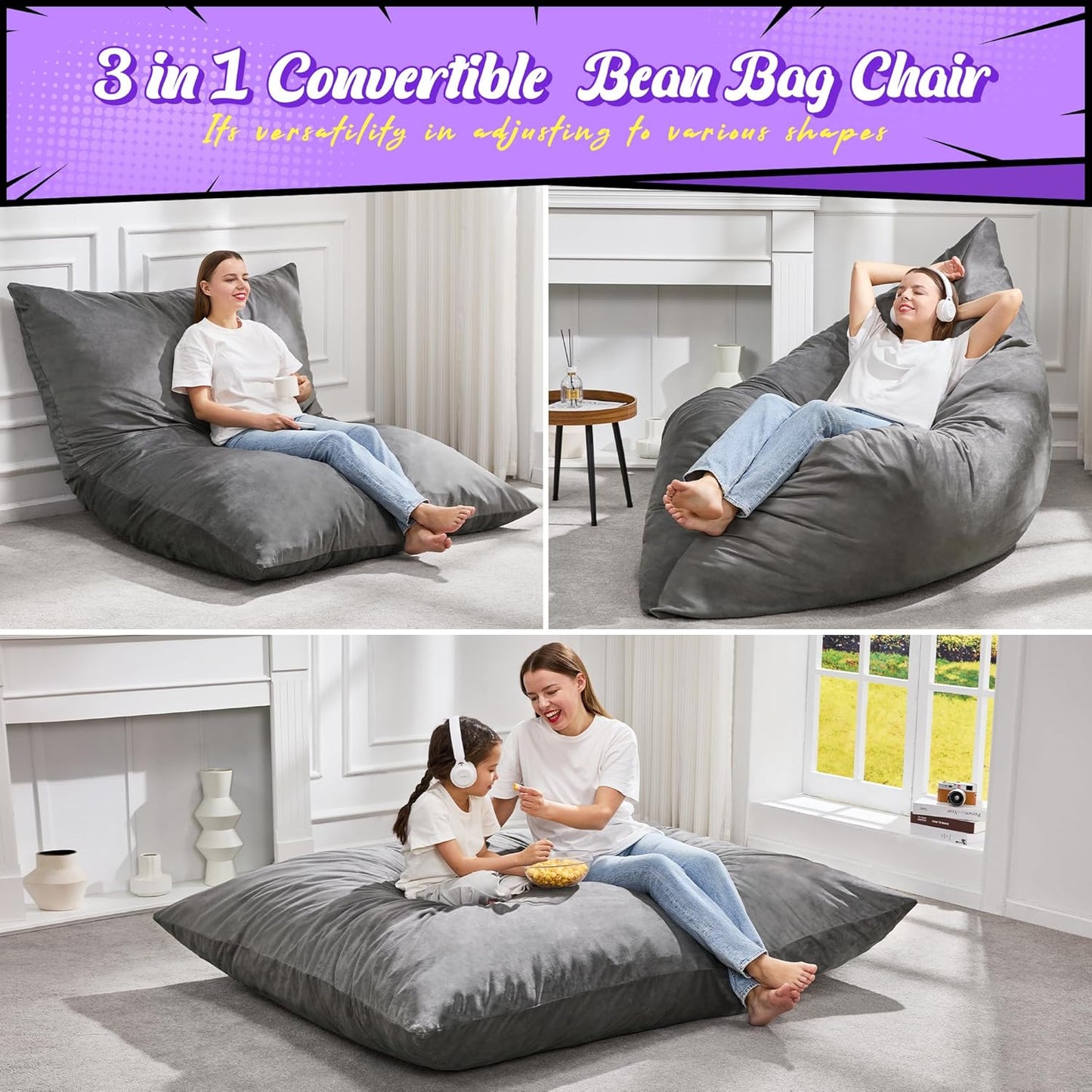 Hobestluk 3 in 1 Bean Bag Chair Giant Bean Bag Chairs for Adults with Velvet Cover Convertible Bean Bag Floor Cushion with Machine Washable Cover for Living Room (Velvet Grey)