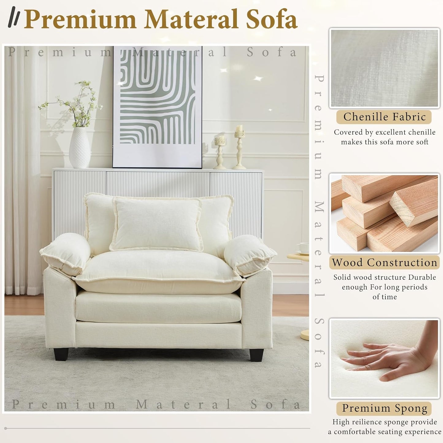 URRED Modular Sectional Sofa Comfy Cloud Couch, Modern Chenille Sofa Sleeper Deep Seat Couches with Ottoman/Pillows for Living Room (White, 53'')