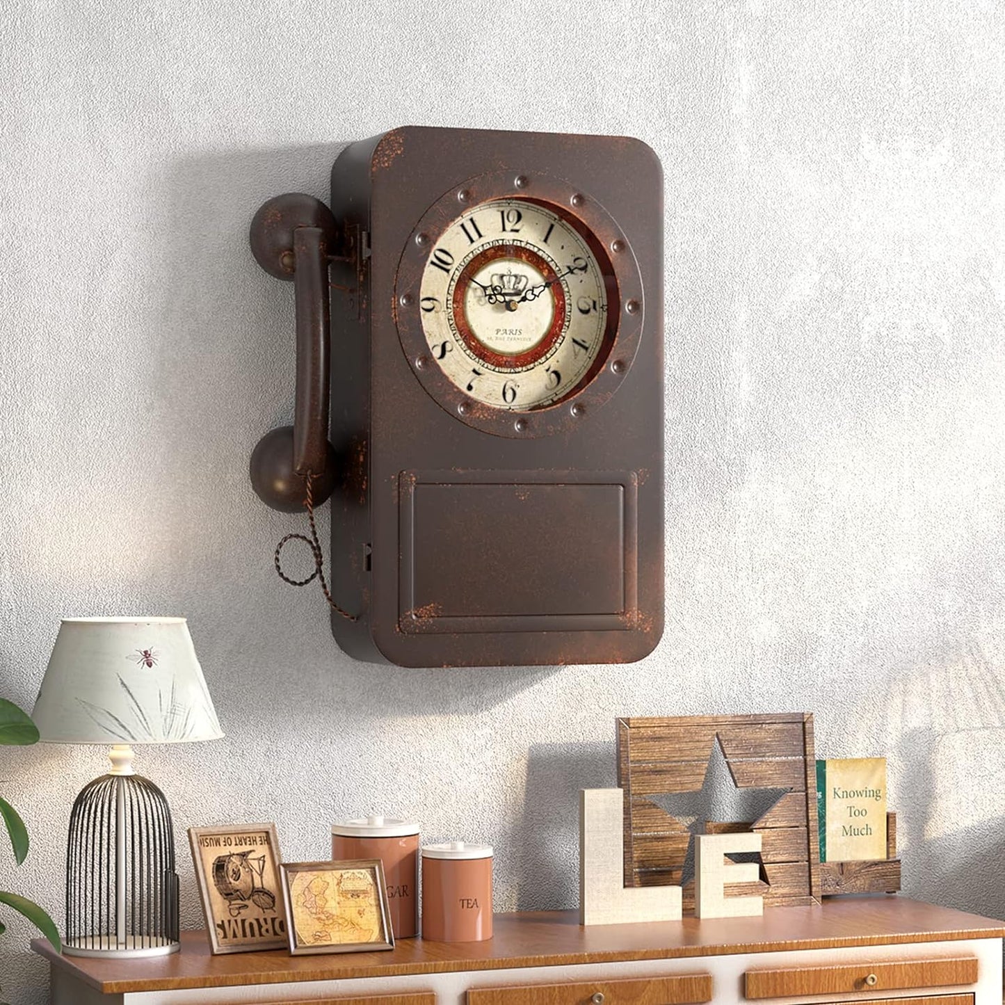 Abdurey Retro Old Telephone Wall Clock with Hidden Safe, Battery Operated Quartz Metal Wall Clocks, Large Rectangular Vintage Decor Clocks, for Farmhouse, Living Room(16" H x 12" W x 4" D)