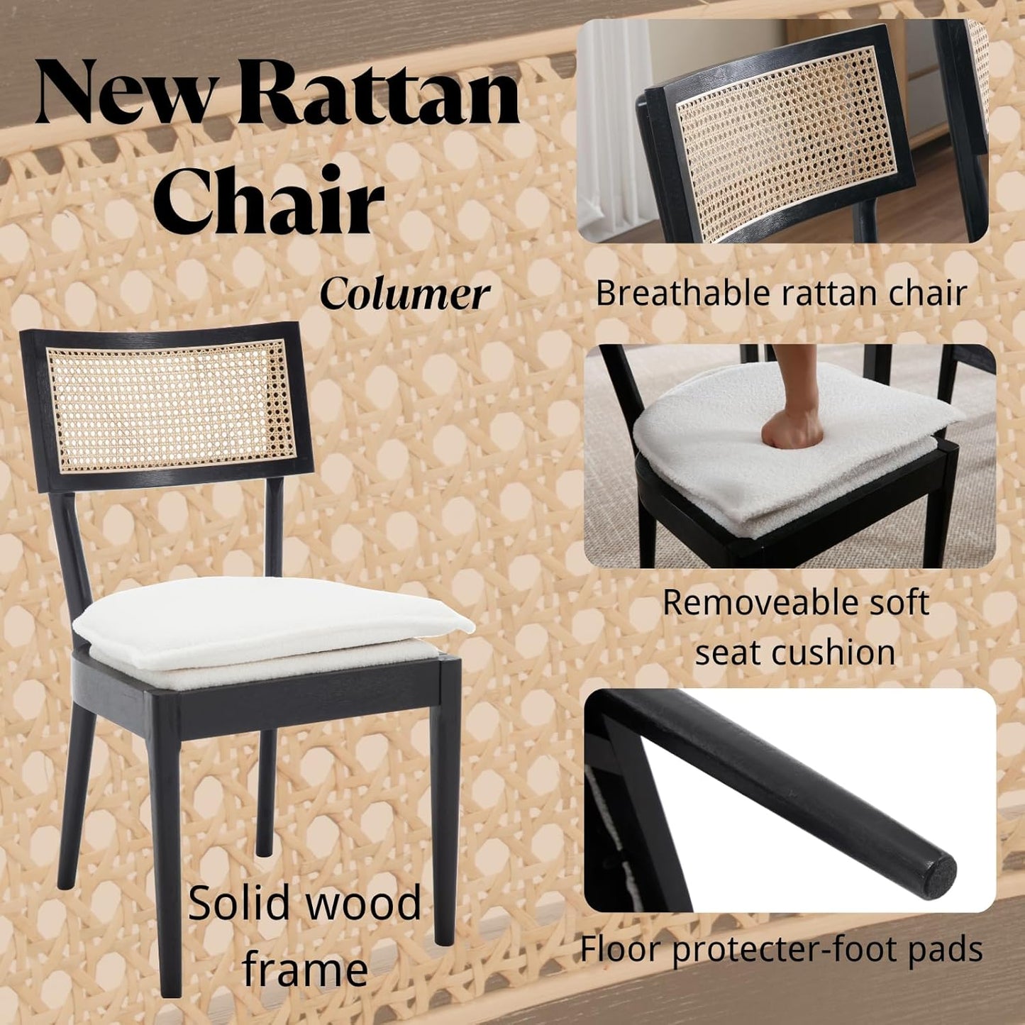 Rattan Dining Chairs Set Of 2 , Mid Century Modern Black Wooden Cane Back Chairs with Removable Sherpa Cushion , Retro Farmhouse Upholstered Kitchen & Dining Room Chairs for Restaurant Living Room