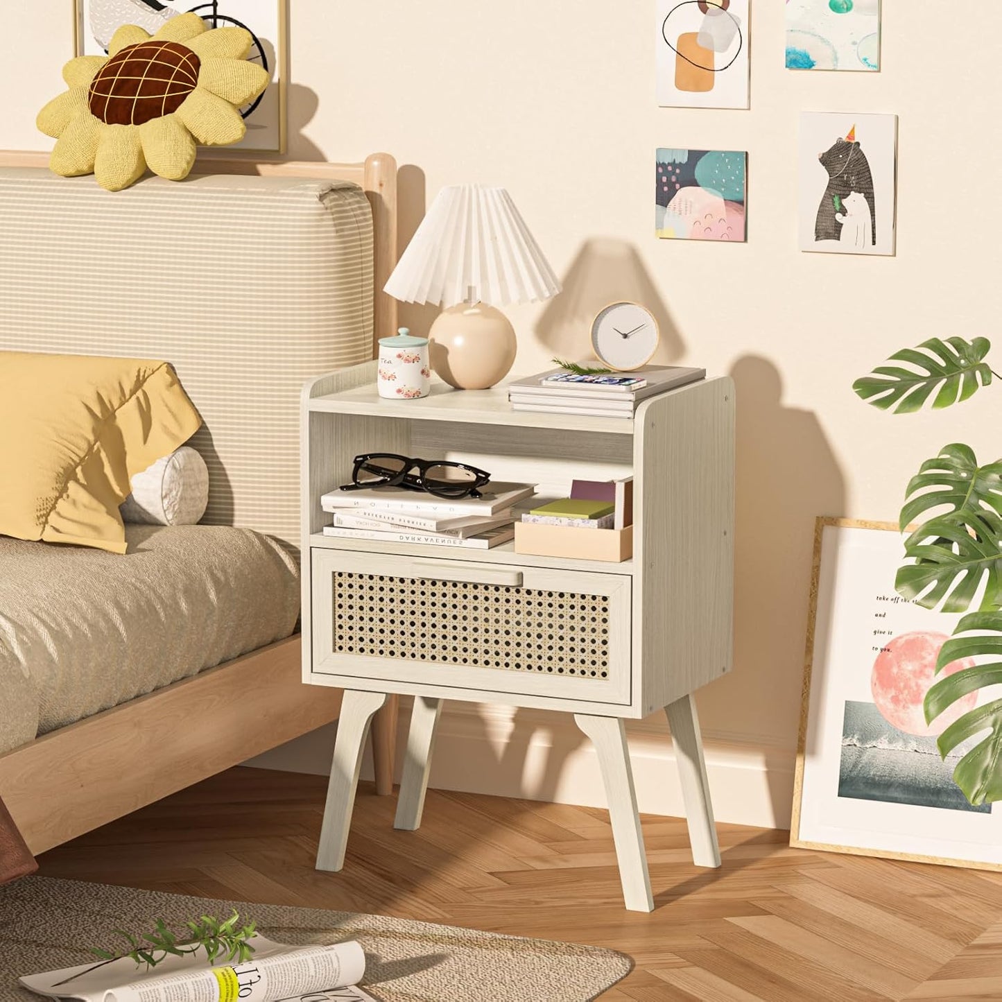 Lerliuo Rattan Nightstands Set of 2, Side Table with Drawer Open Shelf, Cane Accent Bedside End Table, Mid Century Modern Night Stand for Bedroom, Dorm and Small Spaces (Grey White)