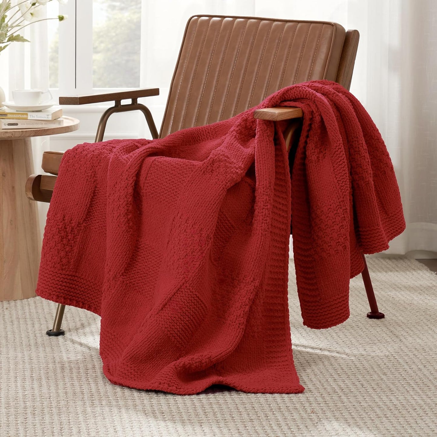 Amélie Home Chenille Knit Throw Blanket for Couch, Checkered Texture Decorative Soft Blanket for Sofa, Bed & Living Room, 50"x60", Red