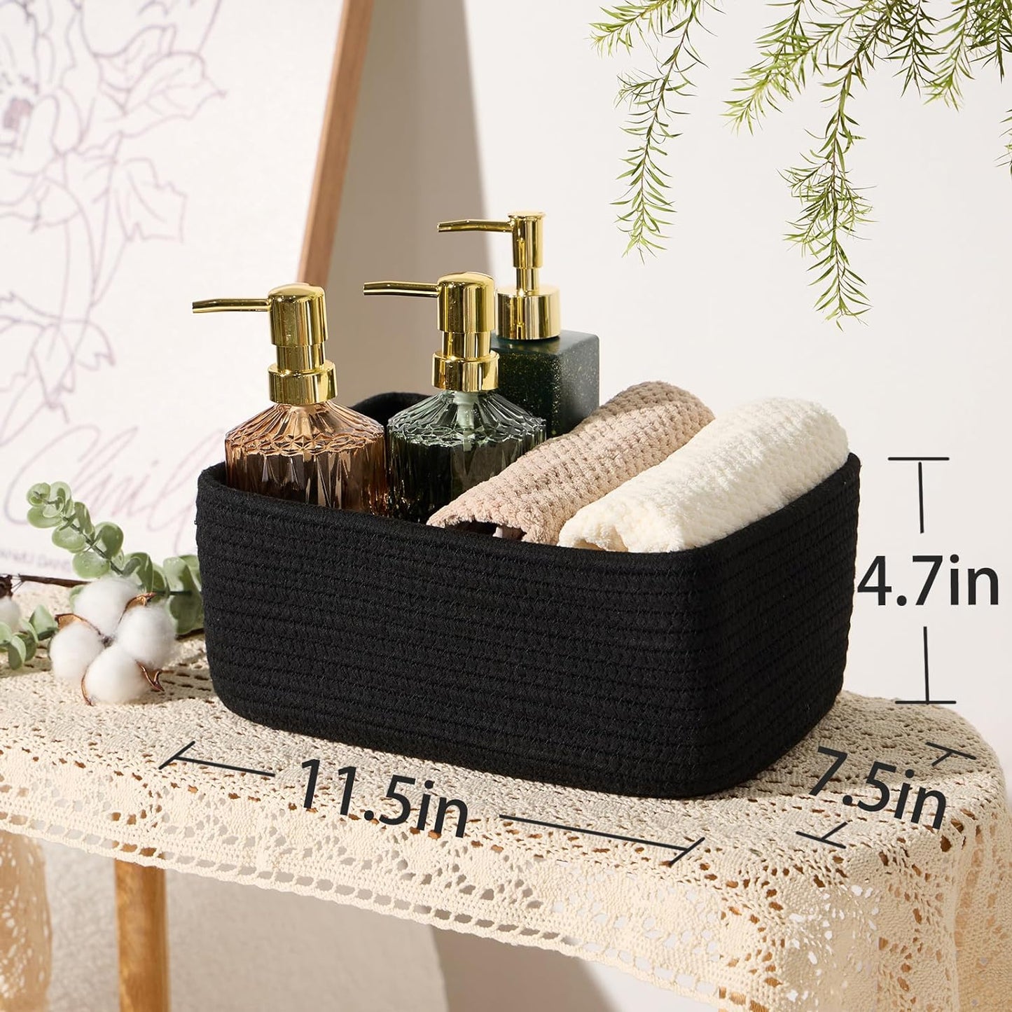 Small Storage Baskets for Organizing | Closet Organizer Bins | Shelf Toy Basket | Woven Rope Baskets | Cube Decorative Box | Shallow Basket | 11.5x7.5x4.7” | 3 Packs Black