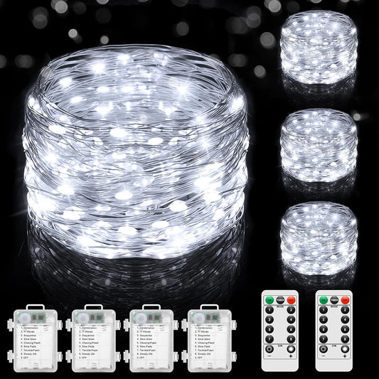 4 Pack 100 LED Fairy Lights Battery Operated with Timer & Remote, 33FT Waterproof Twinkle Lights Indoor Outdoor, Fairy String lights for Bedroom Classroom DIY Wedding Christmas Decorations, Cool White