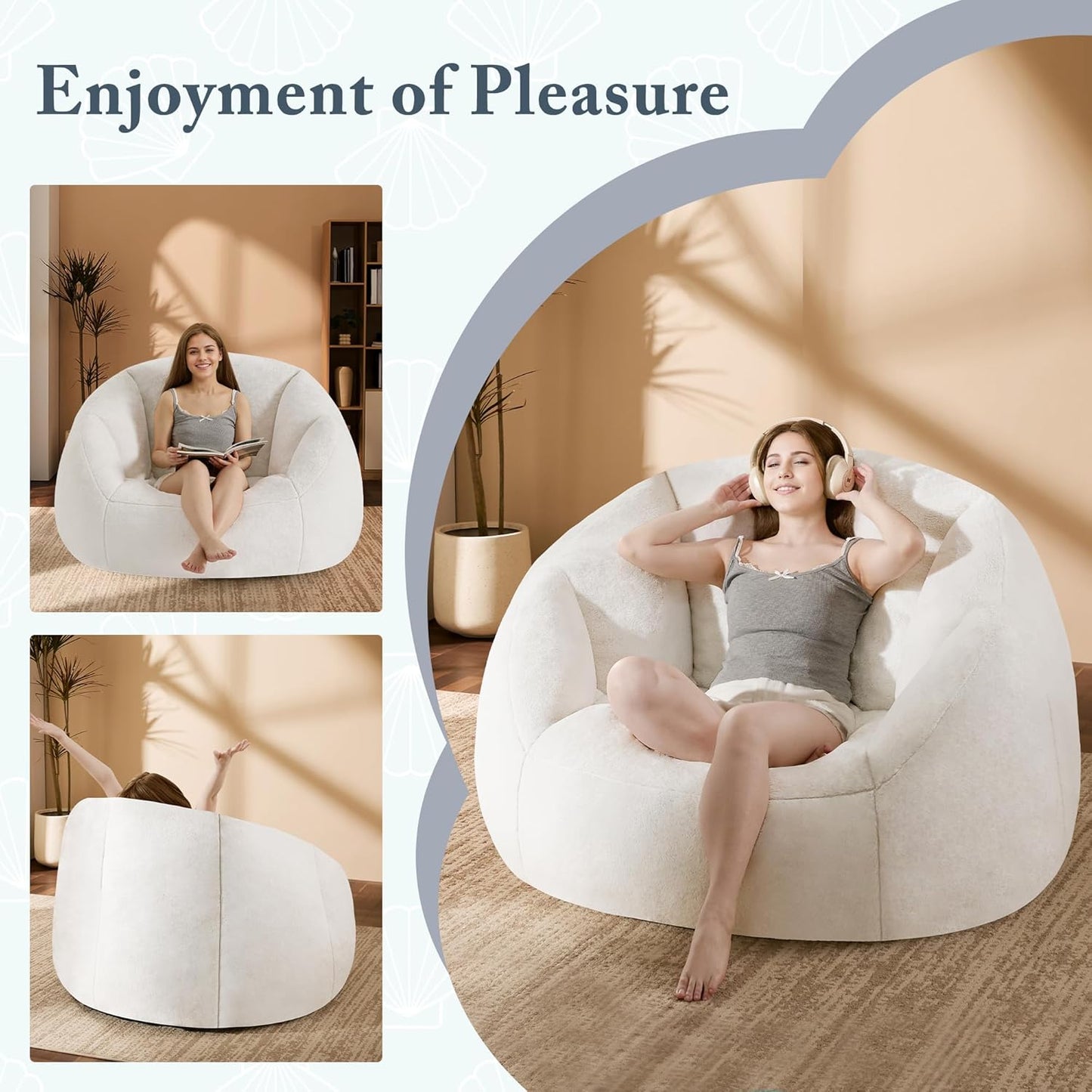 Giant Bean Bag Chair for Adults - Comfy Plush Round Shell Soft Accent Chair, Oversized Cozy Lounge Floor Sofa Reading Chair, Mini Couch for Living Room, Bedroom & Game Rooms, Beige