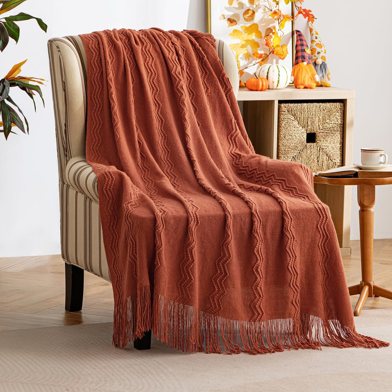 MIULEE Fall Rust Knitted Throw Blanket for Couch Boho Terracotta Textured Cozy Woven Blanket with Tassels for Sofa Chair Bed Living Room Acrylic Wave Pattern 60"x80"