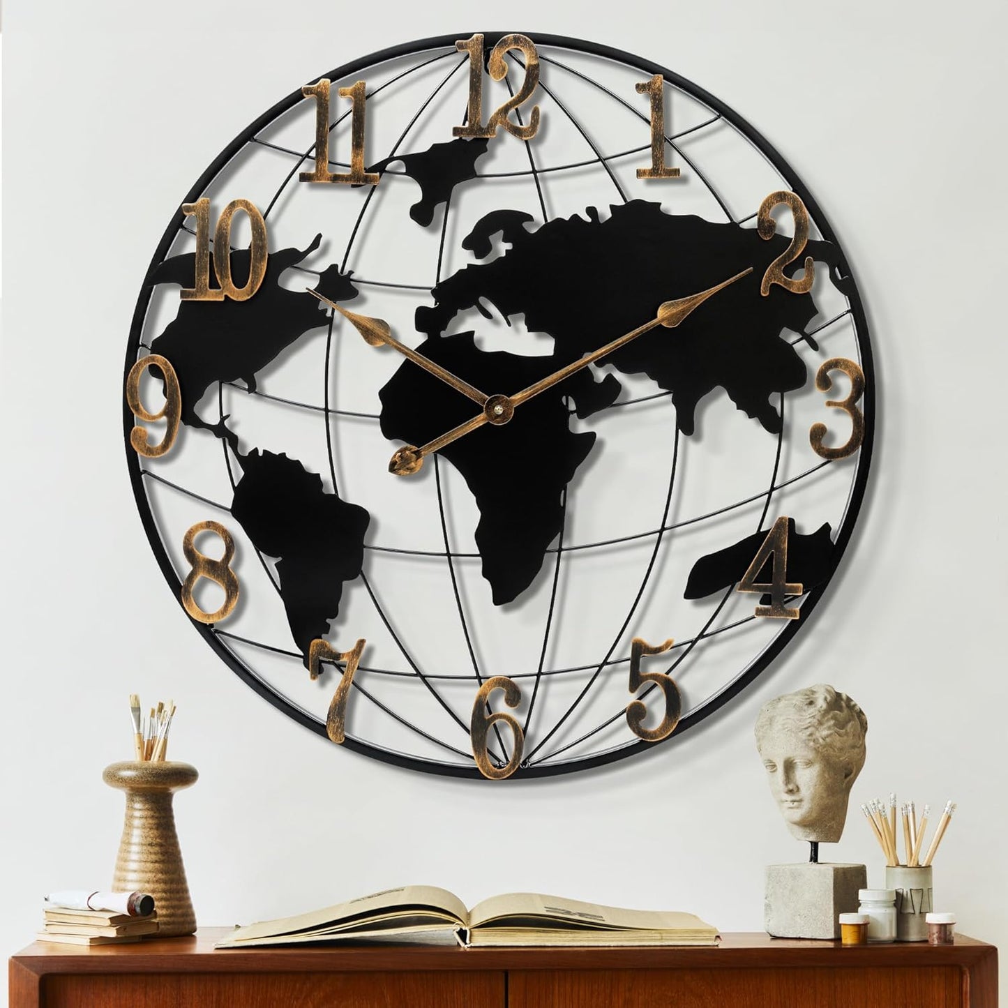 Large Round Metal World Map Clock - 16 Inch Minimalist Modern Silent Non-Ticking Battery Operated Wall Clock for Living Room, Kitchen, Office, Farmhouse Home Decor