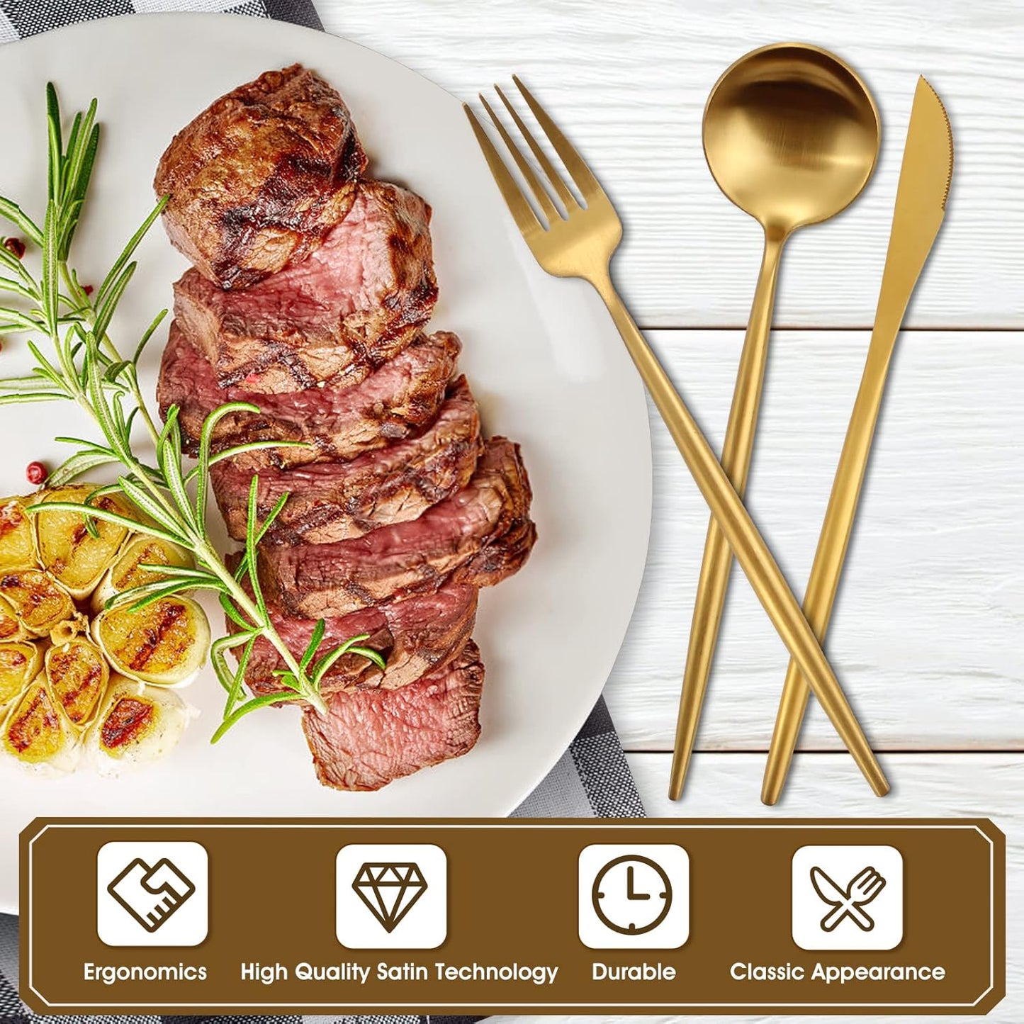 Matte Gold Silverware Set, 40-Piece Stainless Steel Flatware Set, Tableware Cutlery Set Service for 8, Satin Finish Utensils Set, Knife Fork Spoon Set for Home and Restaurant, Dishwasher Safe