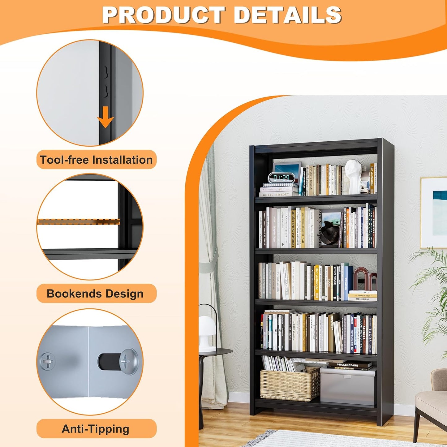 5 Tier Book Shelf, Metal Bookshelf, 69.3” Tall Black Bookcase, Free-Standing Industrial Bookshelves, Tools-Free Assembly Book Storage Organizer for Bedroom, Living Room, Office (Black)