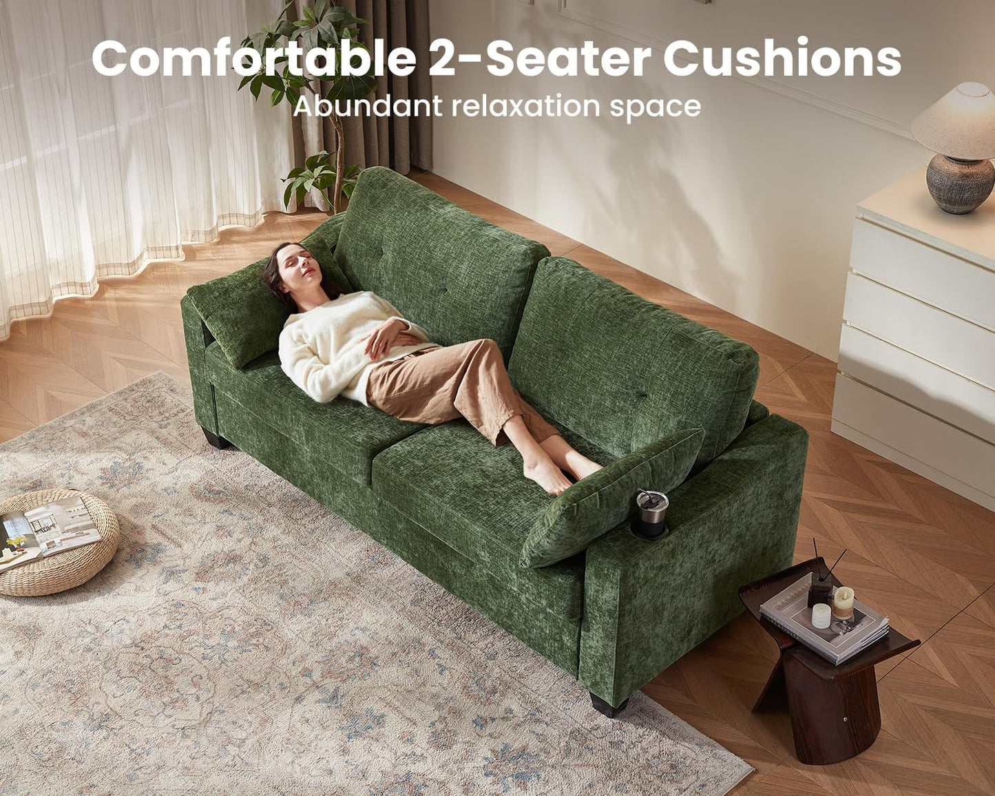 CHIC HOUSE Pull Out Sofa Bed, Full Size Sleeper Sofa, 2-in-1 Convertible Corduroy Couch with USB Charging, Memory Form Couch for Living Room, Apartment and Small Space (Green, Chenille - Queen Size)