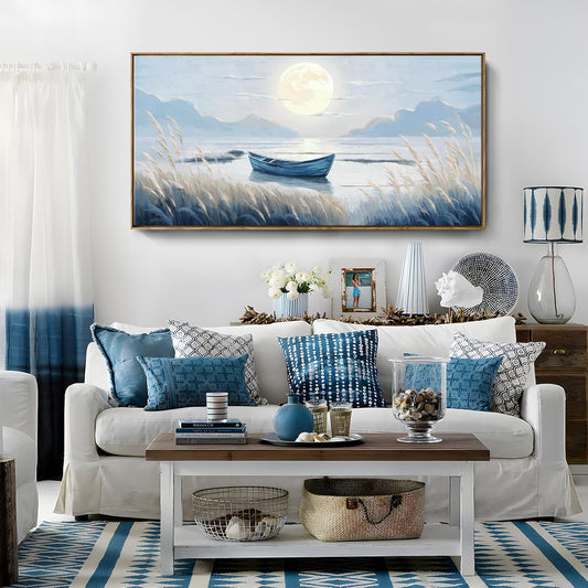 amatop Large Framed Wall Art Bedroom Living Room Decor Blue Boat Moonlight Coastal Seascape Picture Landscape Decorative Canvas Print Tranquil Night Ocean Lake Scene Artwork Nautical Wall Decor 48x24