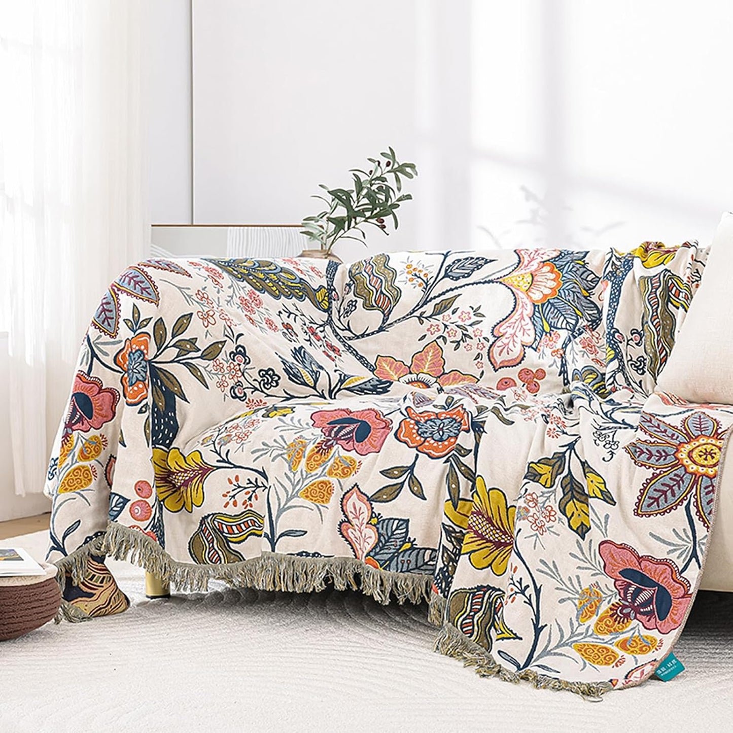 Snycler Boho Throw Blanket for Bed, 100% Organic Cotton Muslin Soft Throw-Floral Farmhouse Rustic Spring Summer Fall Decor Blanket for Couch Sofa Quilt and Gift, 80" x 90" White