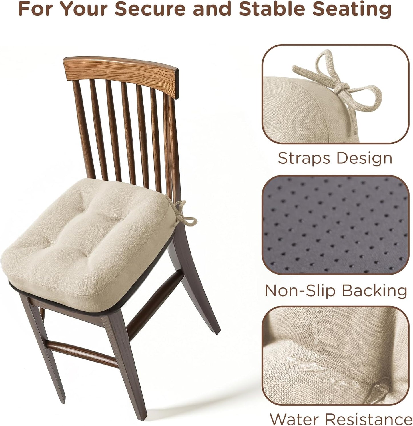 Codi Dining Chair Cushions 4 Pack, Thick Chairs Pads for Indoor Kitchen Room - Washable, Non-Slip Seat Cushion with Ties, 16.5"x16.5"x 3.5", Set of 4, Beige