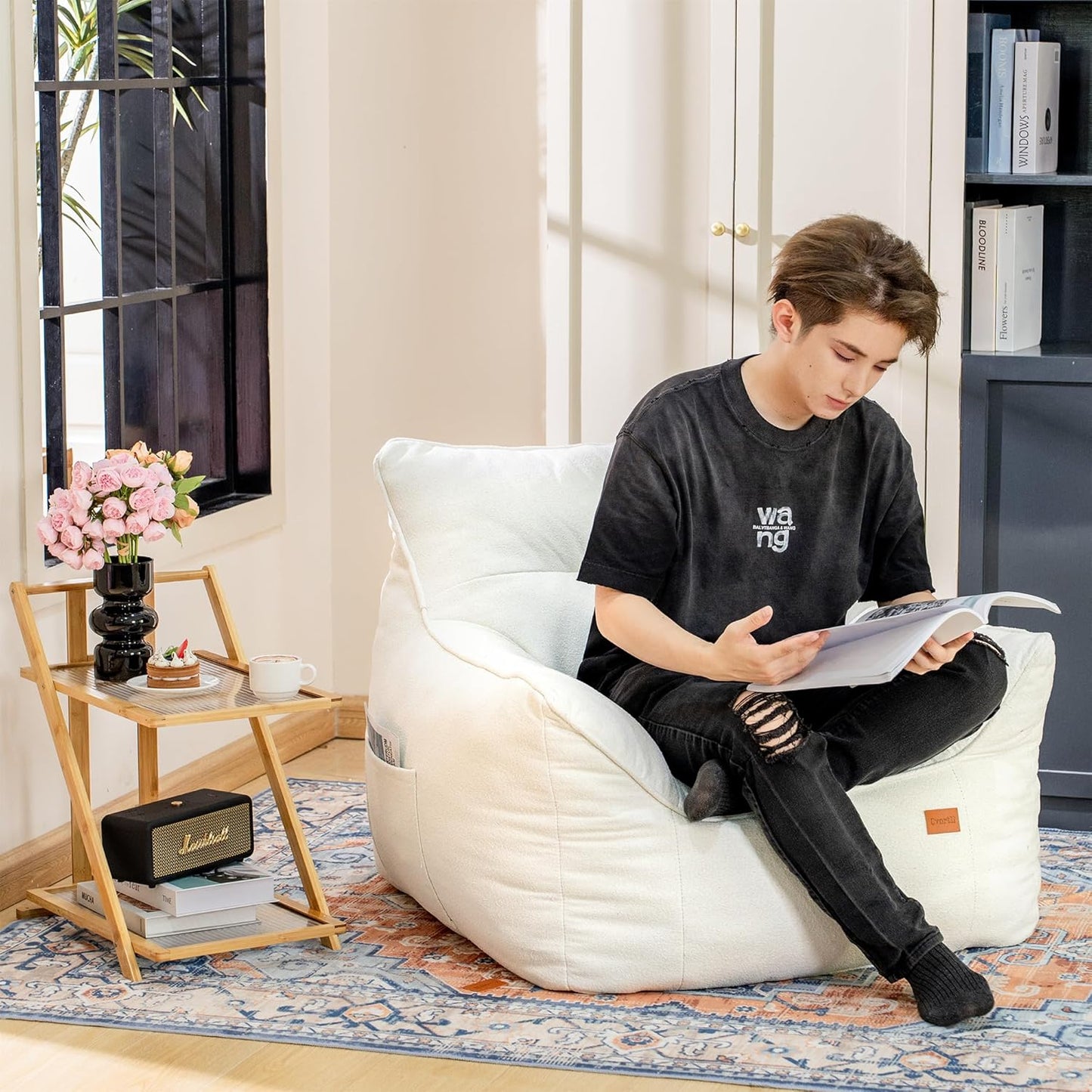 Bean Bag Chair for Adults, Comfy Tufted Bean Bag Chair Sofa with Armrests, Lazy Beanbag Chair with Foam Filler Stuffed Bean Bag Couch Sofa for Reading in Bedroom, Living Room and Dorms