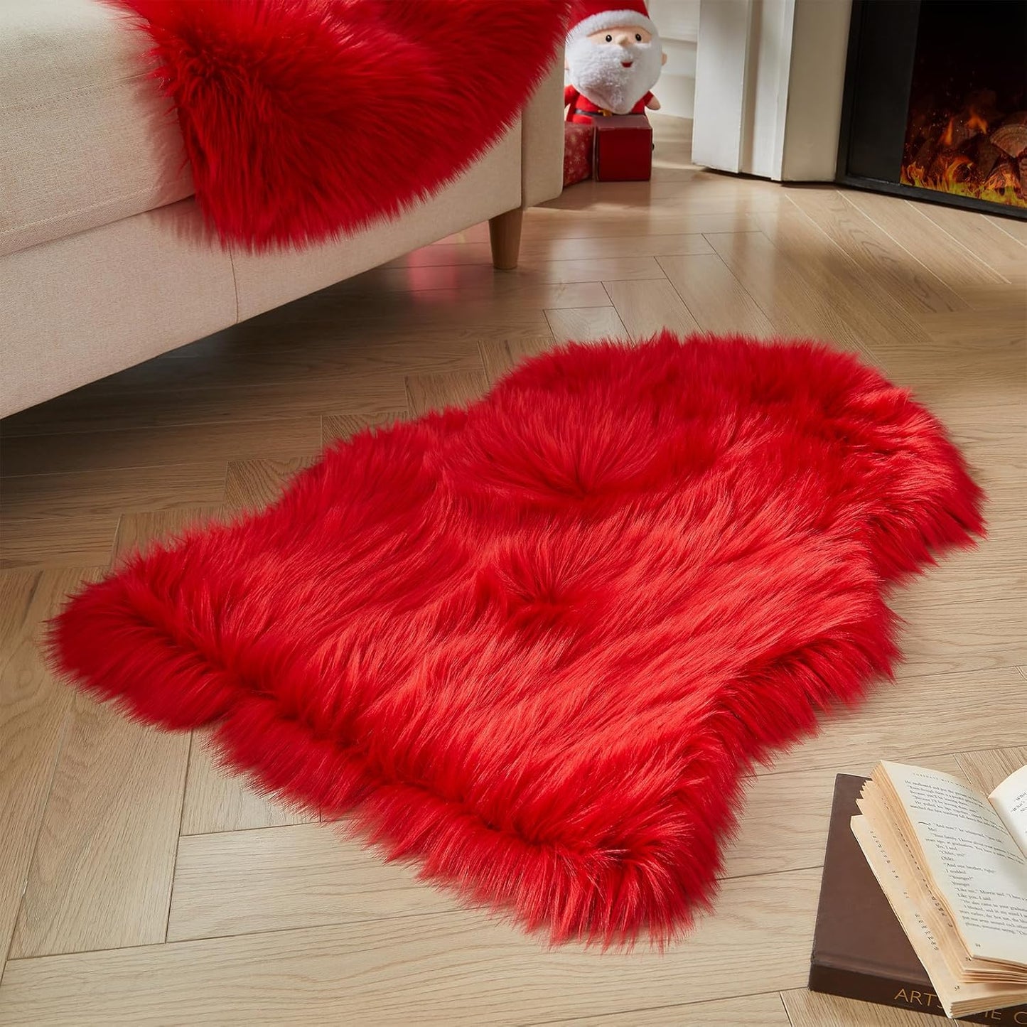 AMTOVO Faux Fur Rug, Red Small Area Rug, Fluffy Sheepskin Rug, Fuzzy Ultra Soft 2 x 3 ft Shag Rugs for Bedroom Sofa Throw Cushion Room Decor, Sheepskin