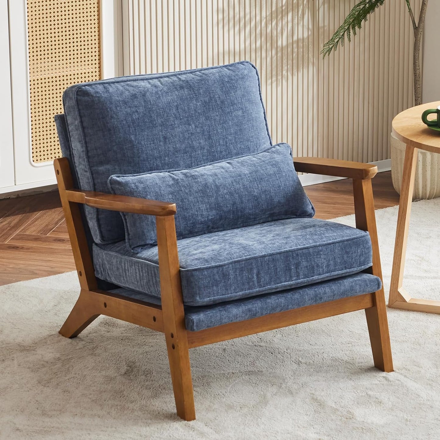 Karl home Accent Chair Wide Armrest Mid-Century Lounge Chair Chenille Armchair with Lumbar Pillow & Solid Wood Frame for Living Room, Bedroom, Balcony, Dusty-Blue