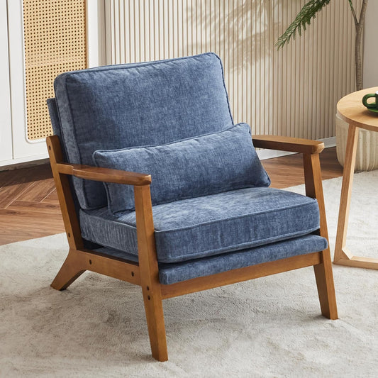 Karl home Accent Chair Wide Armrest Mid-Century Lounge Chair Chenille Armchair with Lumbar Pillow & Solid Wood Frame for Living Room, Bedroom, Balcony, Dusty-Blue
