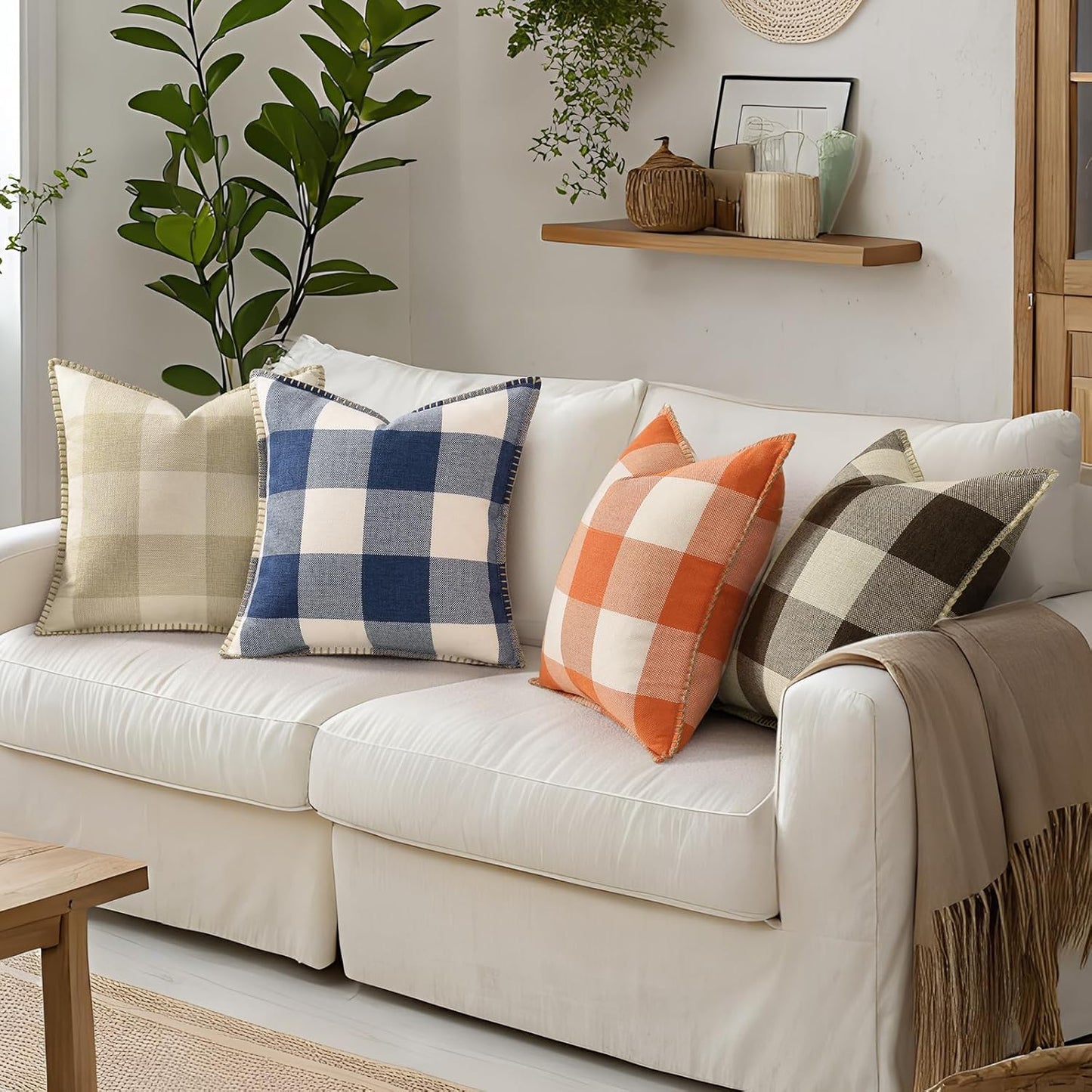 decorUhome Buffalo Plaid Check Throw Pillow Covers 20x20 Set of 2, Outdoor Decorative Farmhouse Neutral Pillow Covers with Stitched Edge for Bed Couch Sofa, Navy Blue and White