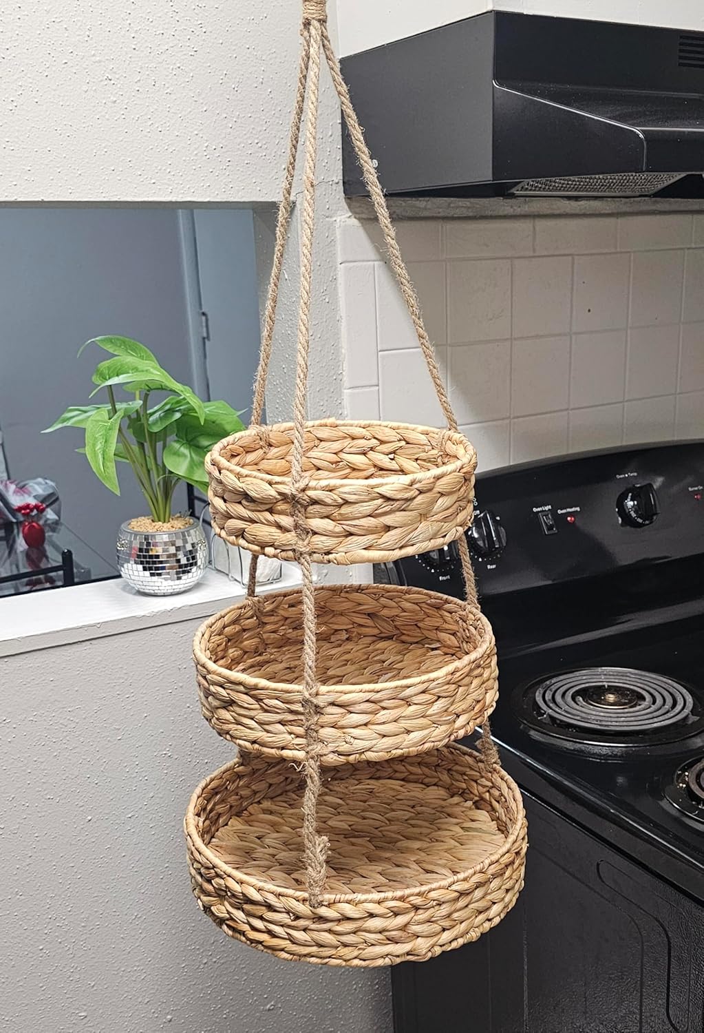 Generic HANFRUBASK - Hanging Fruit Basket Set of 3, Woven Water Hyacinth, Round, Beige, Rustic, Kitchen Storage & Organization