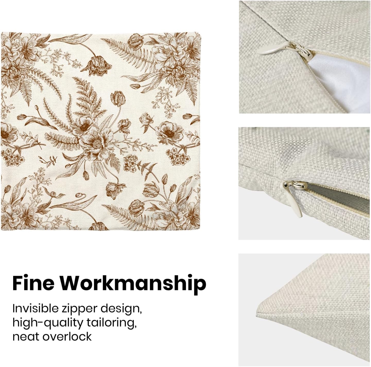 CXMEIFLY Spring Floral Leaves Pillow Covers 24 x 24 Inch Set of 2 for Chinoiserie Flowers Decor Throw Pillows Brown and White Seasonal Plant Outdoor Decorative Cushion Cases for Couch Bed Decorations