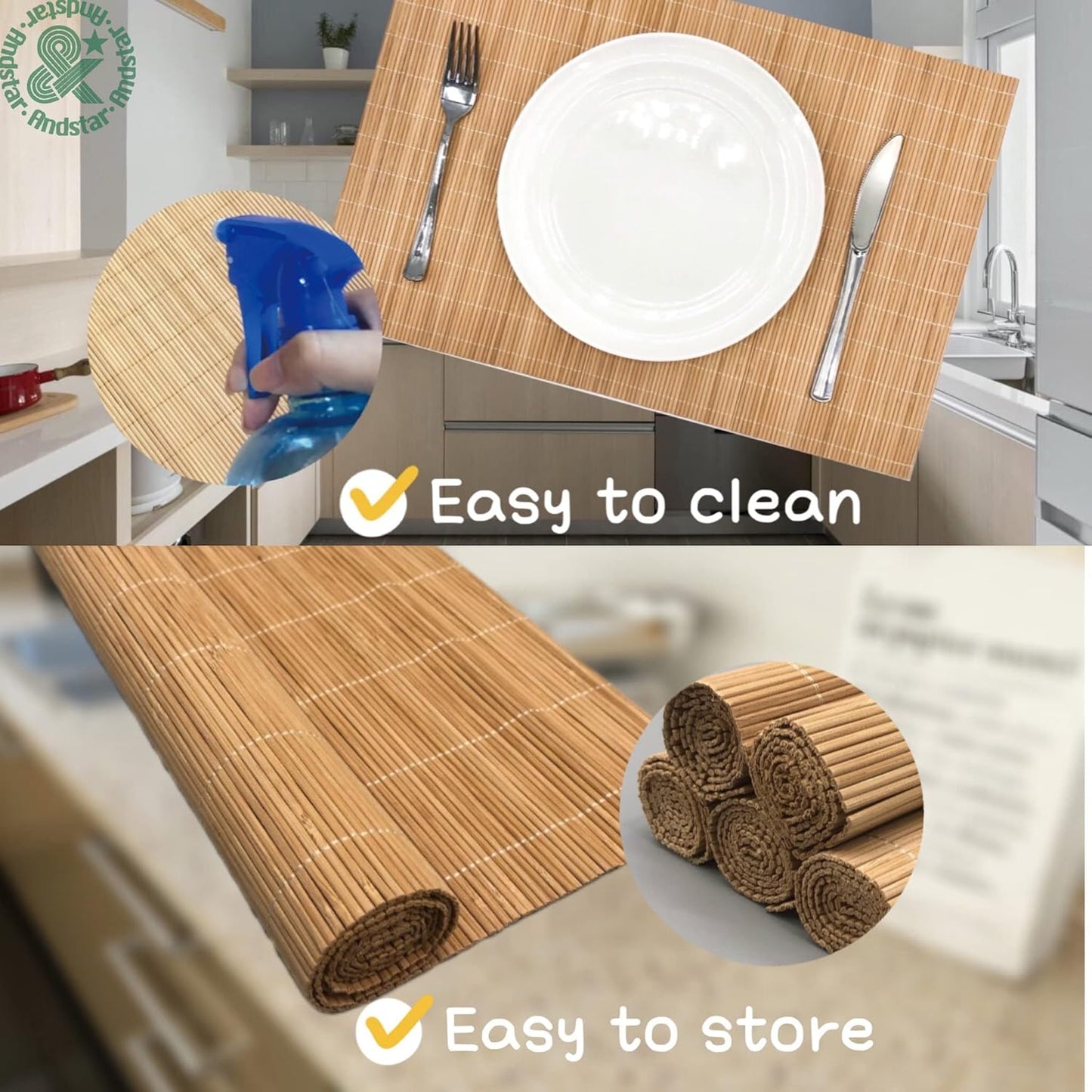 ANDSTAR Set of 2 Pcs Bamboo Placemats Sushi Rolling Mat Japanese Style Natural Anti-Slip Bamboo Placemats Washable Heat-Resistant Table Mats for Dining Room and Kitchen（Brown）