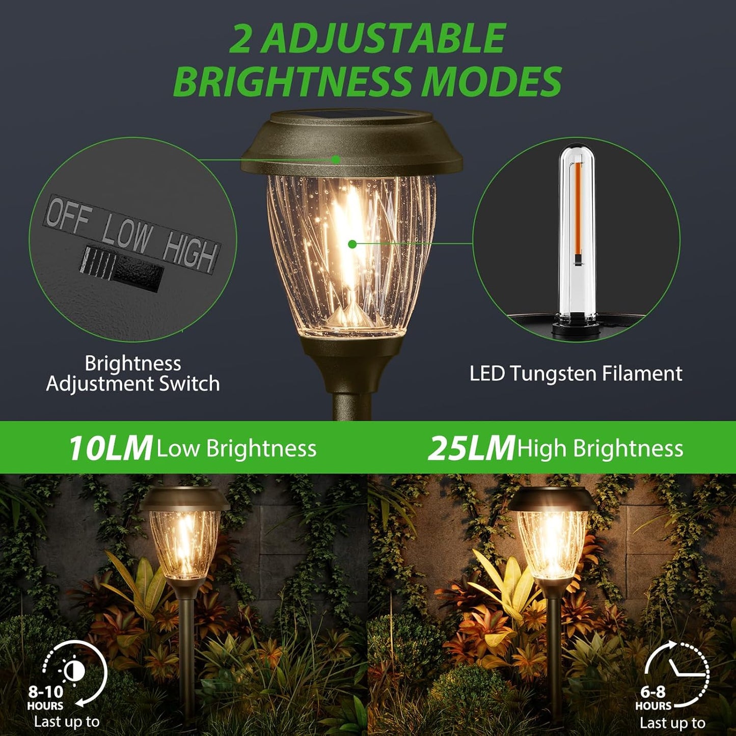 XMCOSY+ Solar Pathway Lights Outdoor, 10/25 LM in 2 Lighting Modes, Glass Stainless Steel Waterproof Outside Solar Powered Garden LED Lights for Yard Lawn Driveway Walkway Landscape Decor(Warm White)