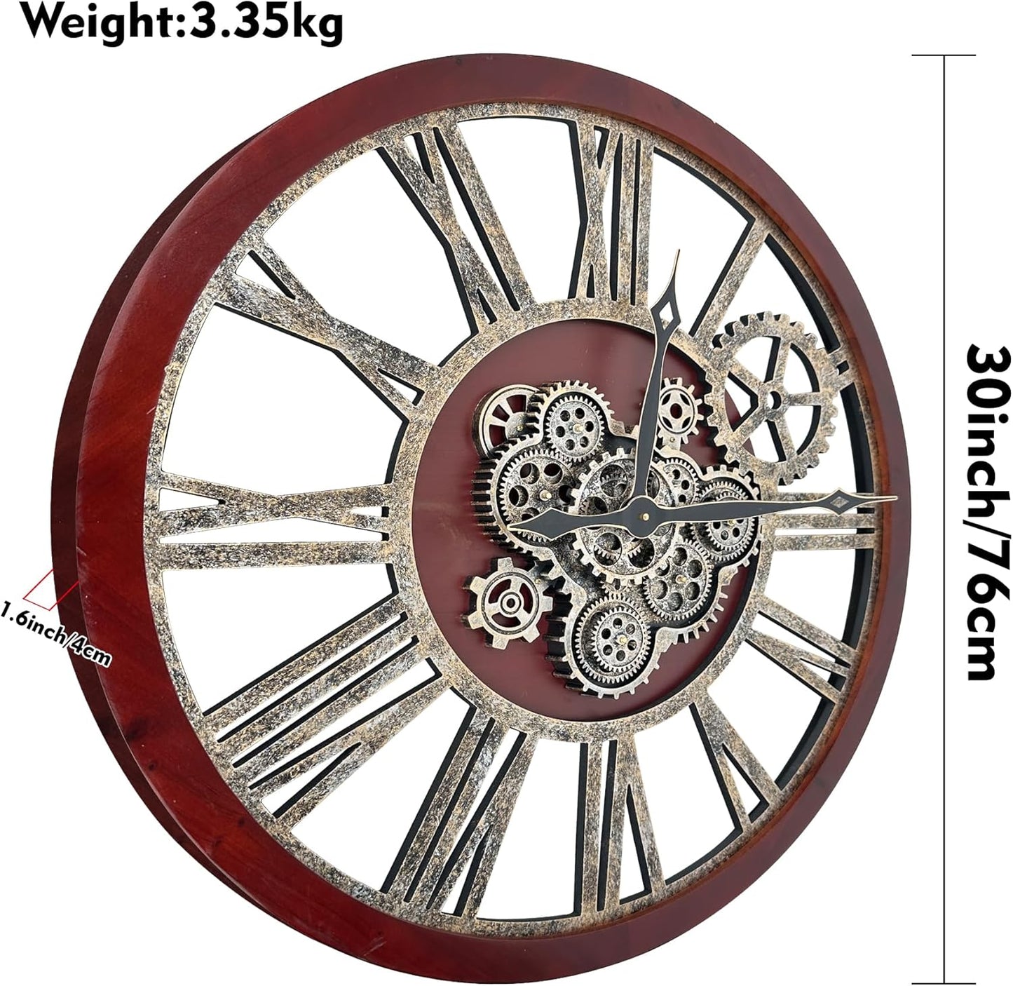 The B-Style Large Real Moving Gears Wall Clock 30 inch Rustic Retro Industrial Farmhouse Wood Clock Oversized Decorative Vintage Wall Clocks for Living Room (Black walunt Wood and Bronze)