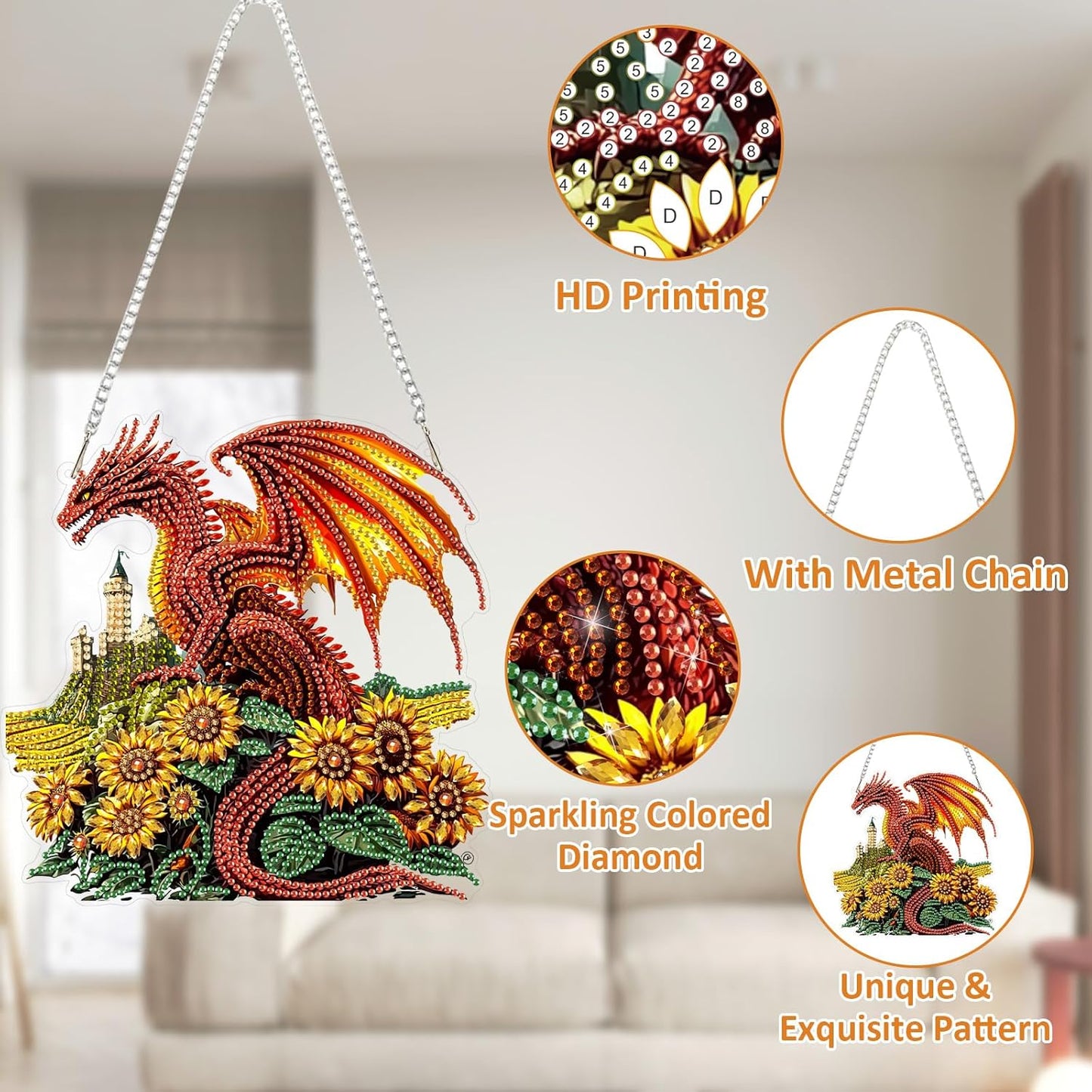 SENQAO Dragon Diamond Art Hanging Kit for Adult, Special Shaped Rhinestone, Double Sided DIY Acrylic Diamond Art Painting Window Pendants Home Garden Wall Hanging Kits Hanging Ornament (Sunflower)